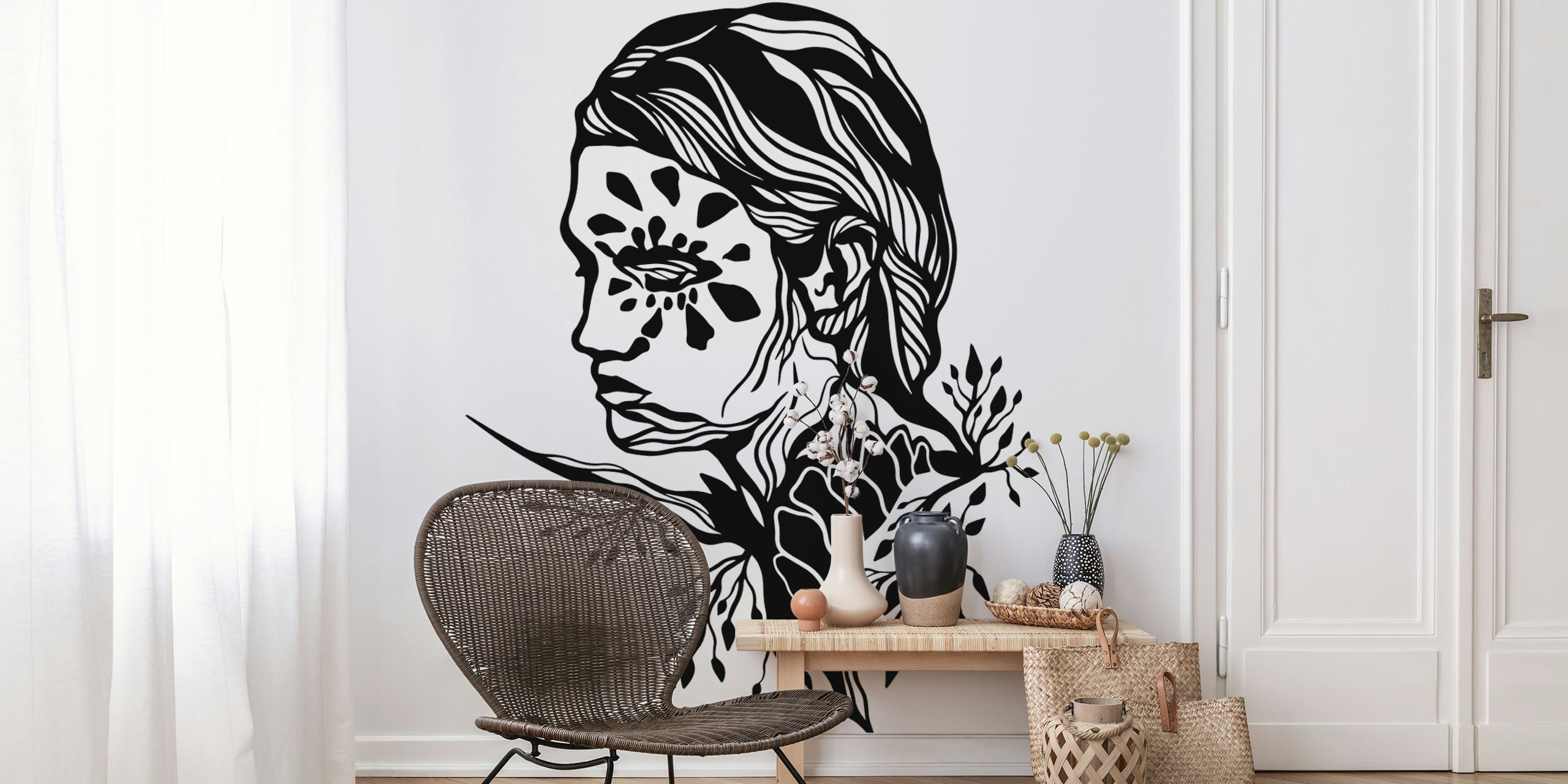 Black floral art design featuring elegant face silhouette wallpaper