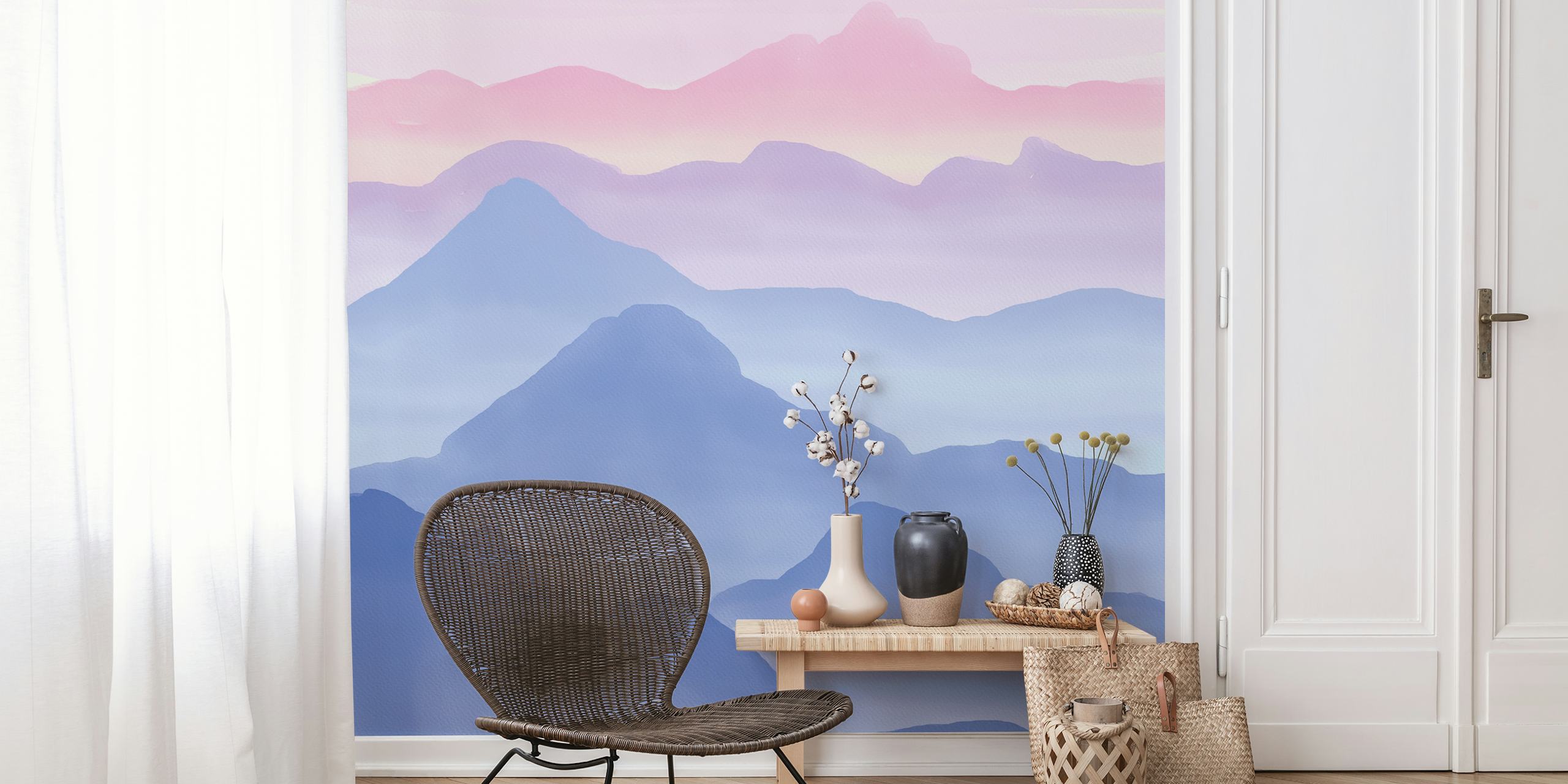 Watercolor mountains in blue and pink tones wallpaper