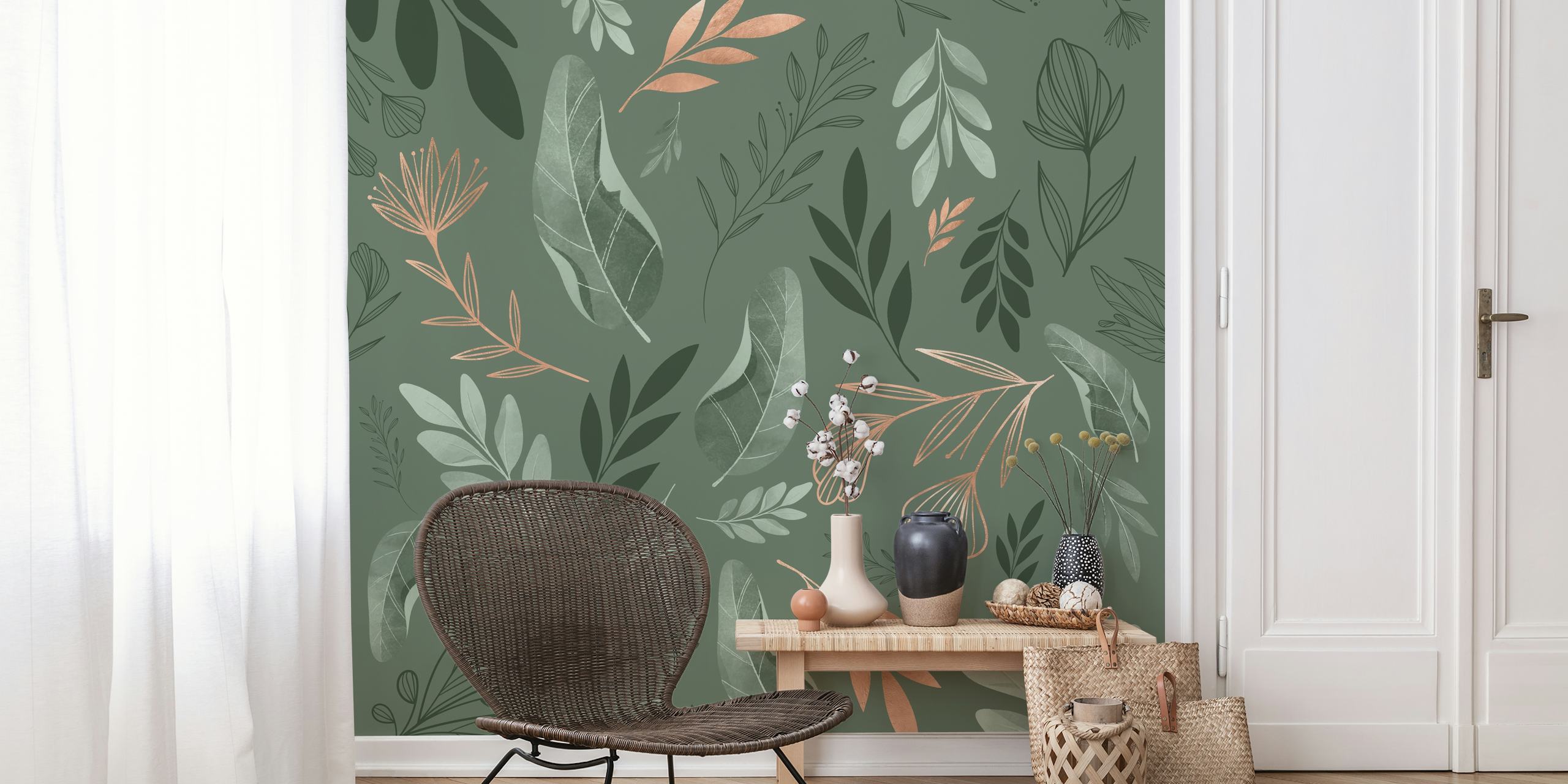 Mural de pared Leaf Line Green con follaje estilizado sobre un fondo apagado