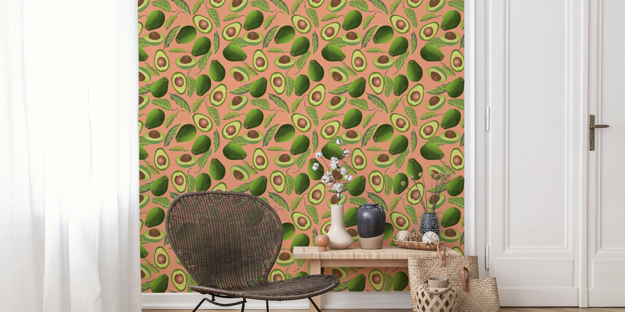 Avocado and leaves pattern on light peach background wallpaper