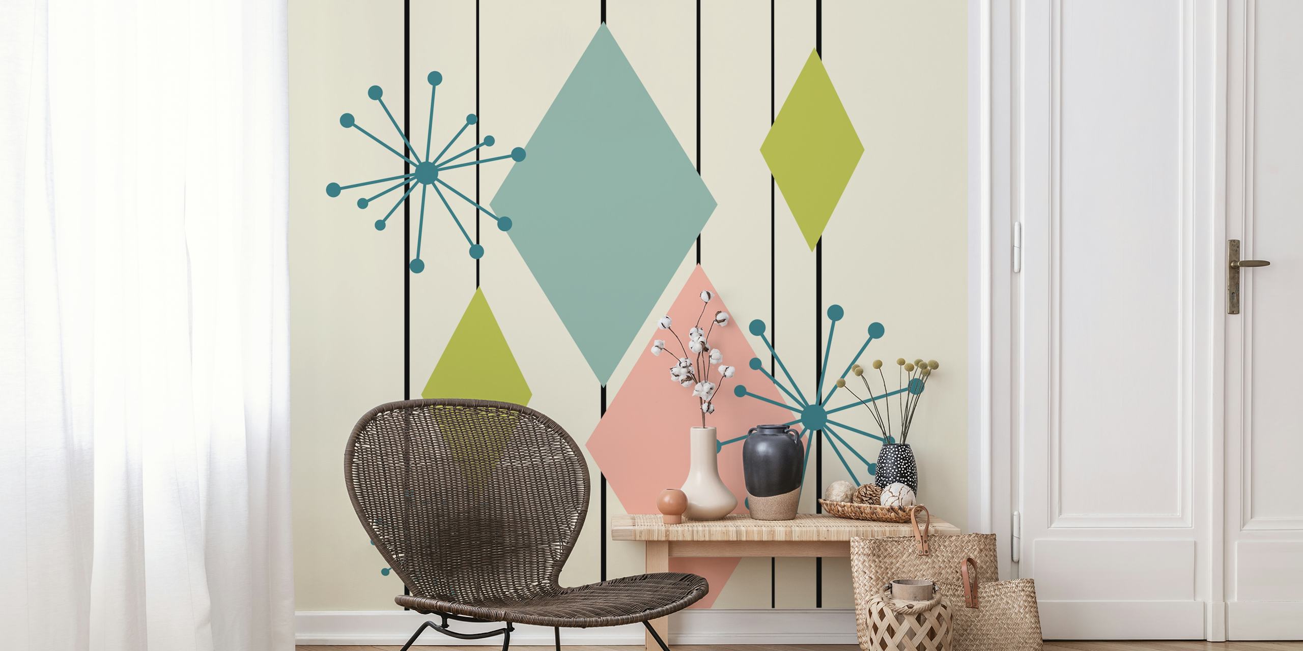 Mid-century modern diamond shapes wall mural with starburst patterns in pastel colors