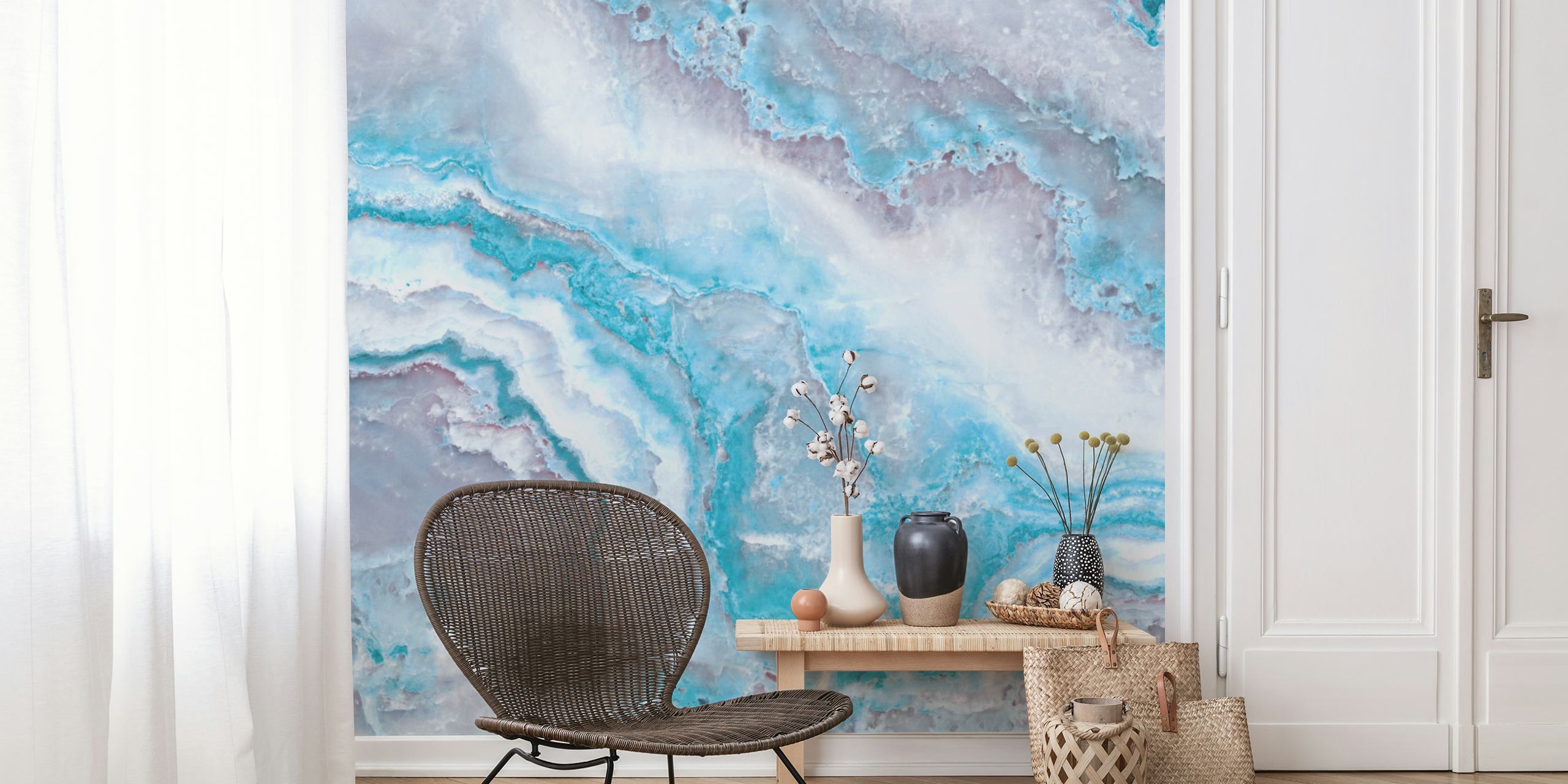 Blue Mermaid Ocean Marble seinämaalaus pyörteillä sinivalkoisilla kuvioilla