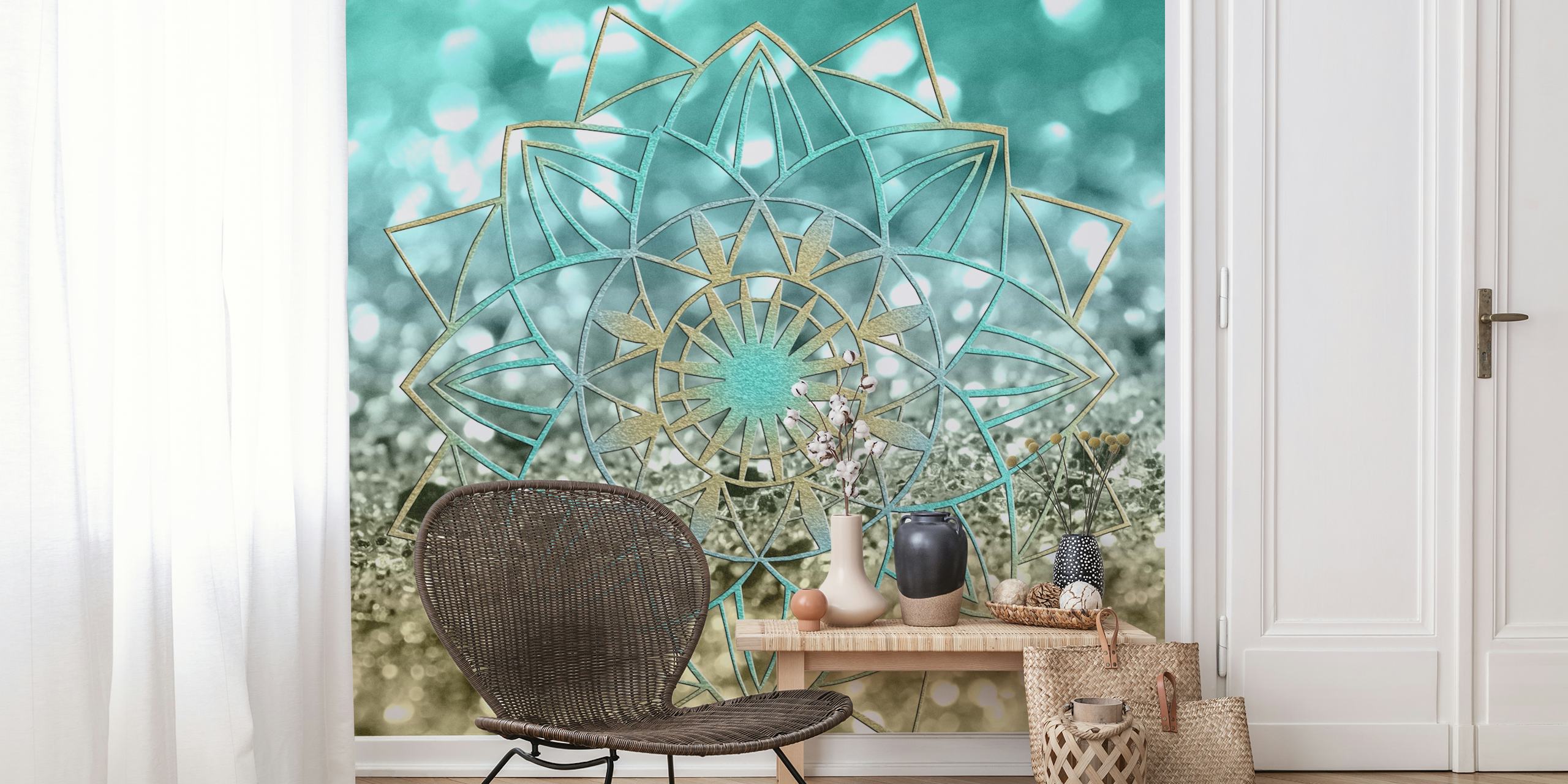 Star Mandala Beach Glitter vægmaleri med blå og guld nuancer