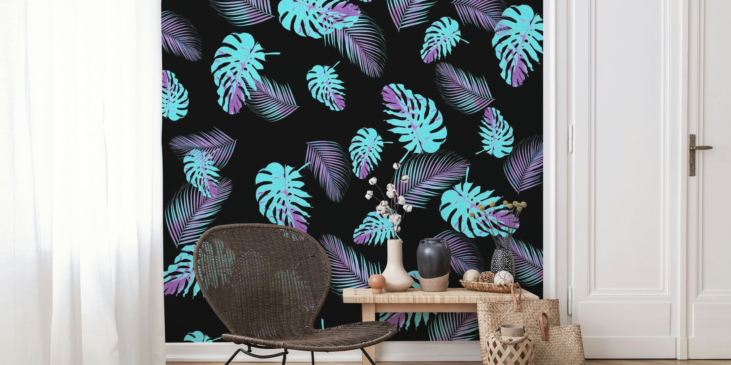 Turquoise monstera leaves pattern on a black background wall mural