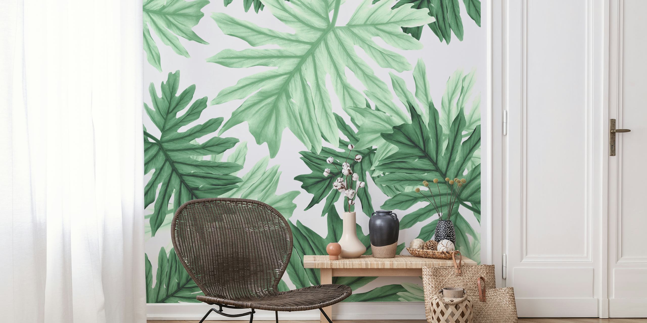 Tropical green leaf wallpaper with various large leaves