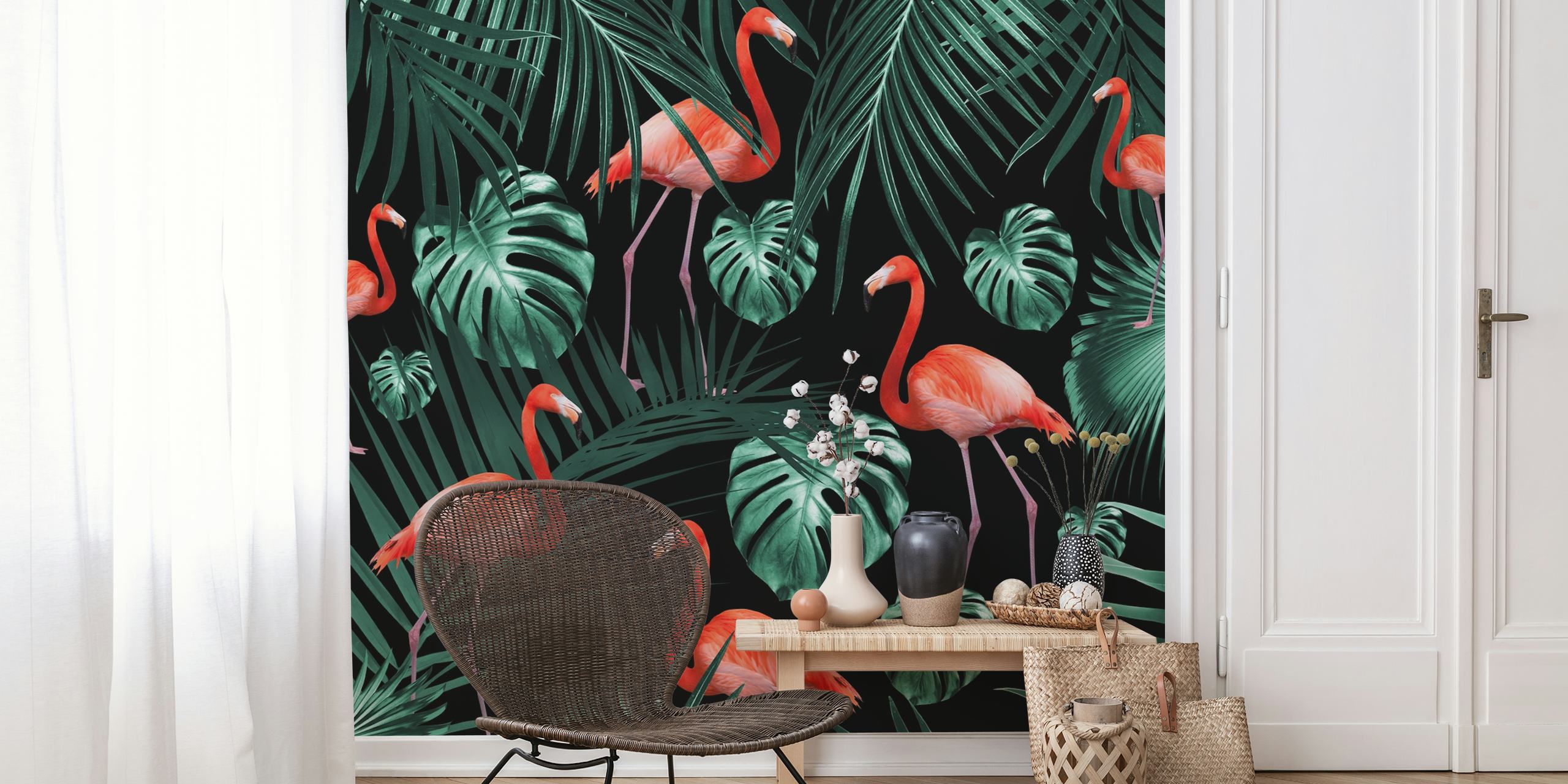Tropical palm leaves and flamingos on a black background wallpaper