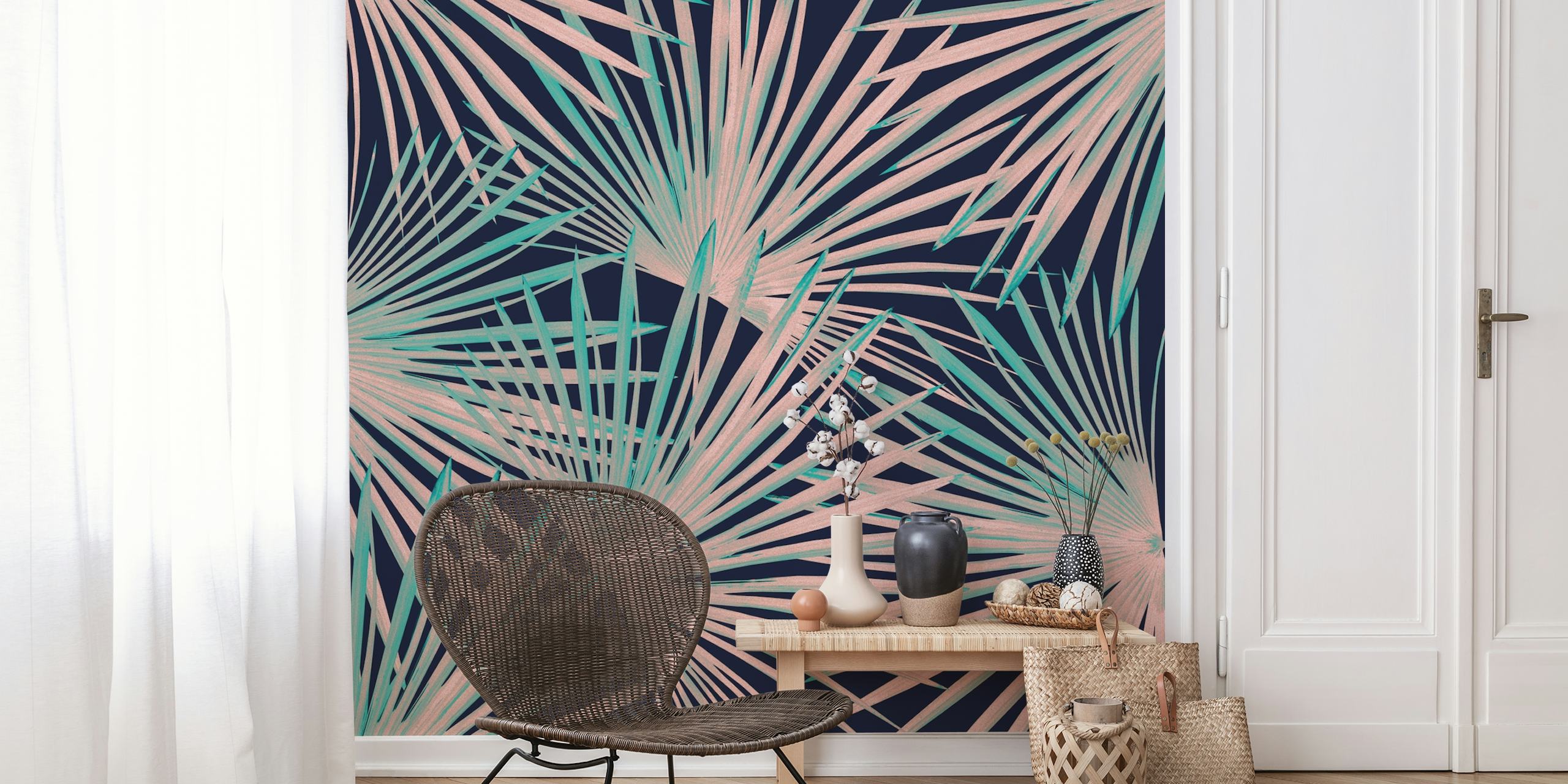 Tropical fan palm leaves in green and pink on a dark background wallpaper