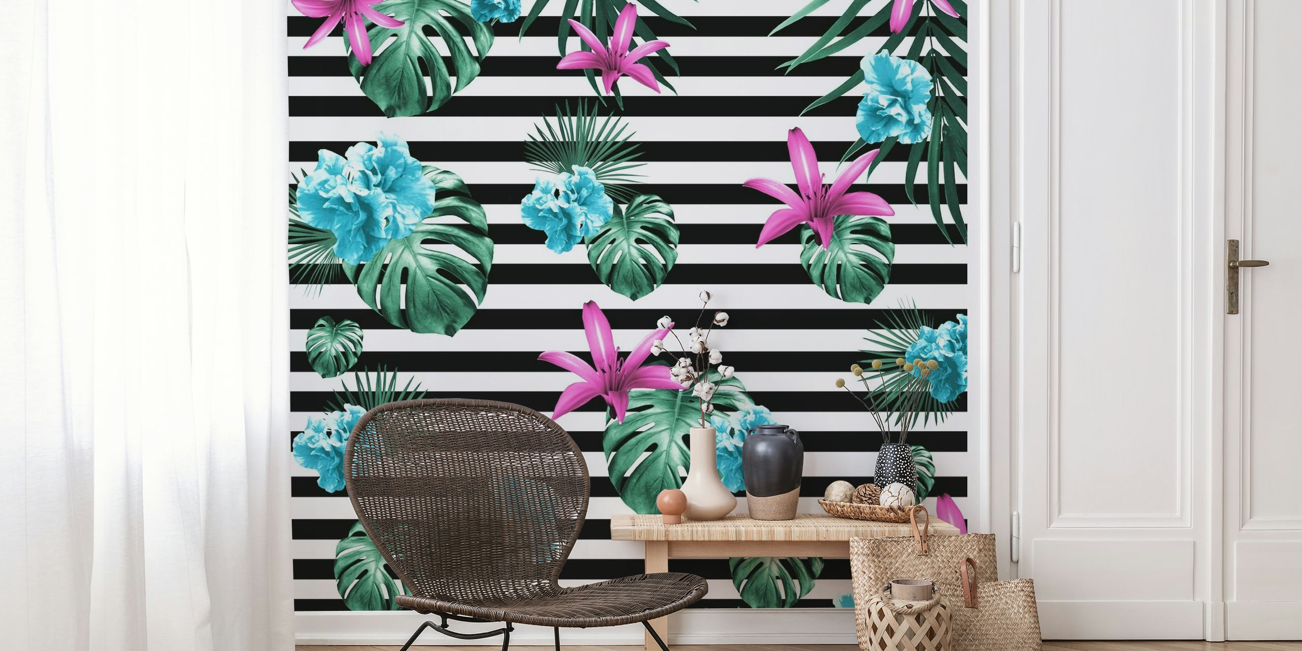 Tropical flowers with palm leaves on striped background wall mural