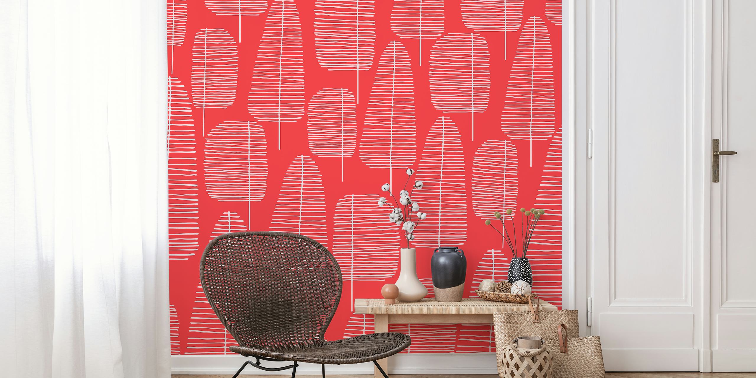 Fototapete „Mid Century Trees Red 2“ mit abstrakten Baumformen in roter Farbe