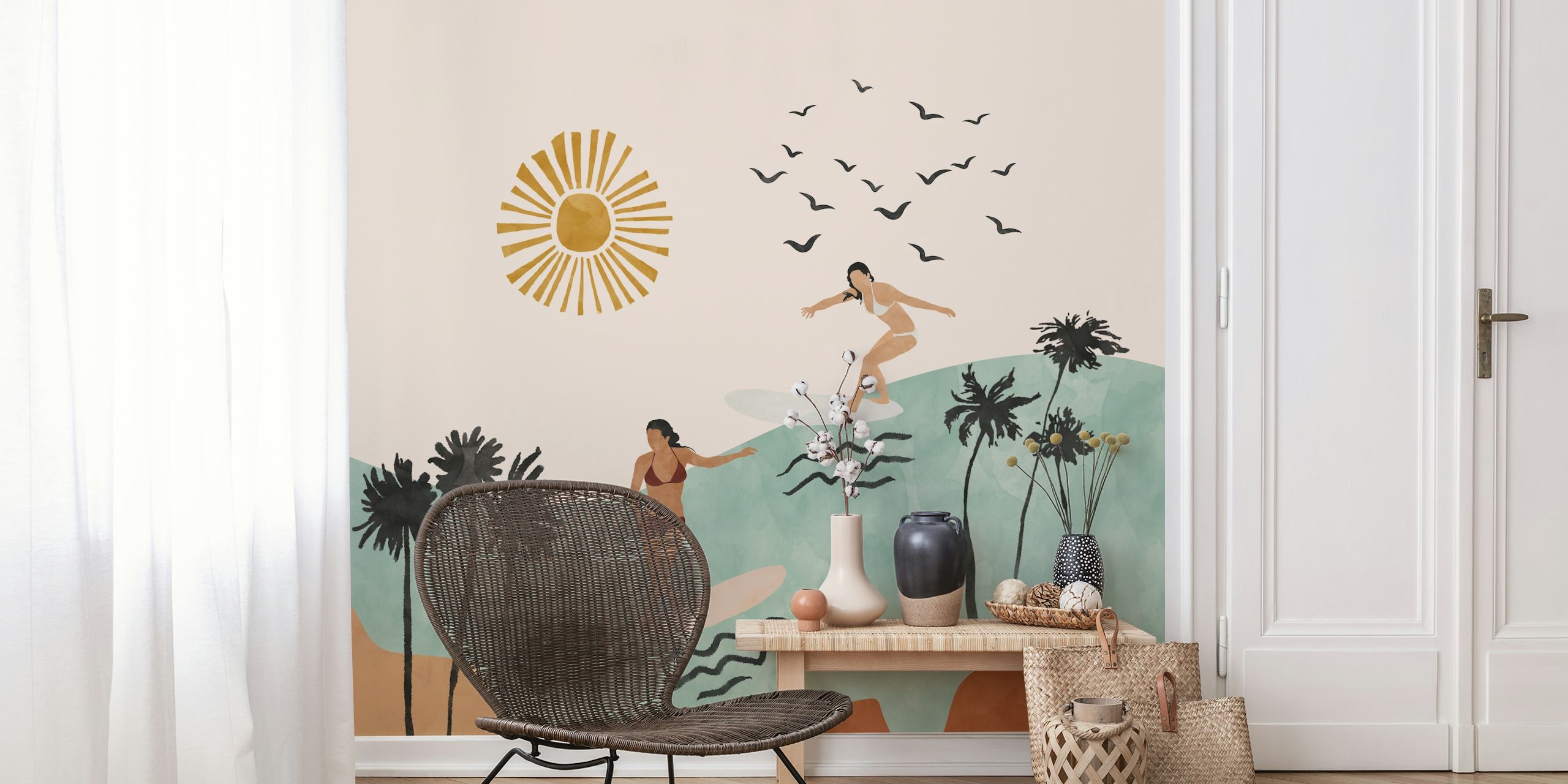 Two women surfing on waves under a sun with palm trees wallpaper