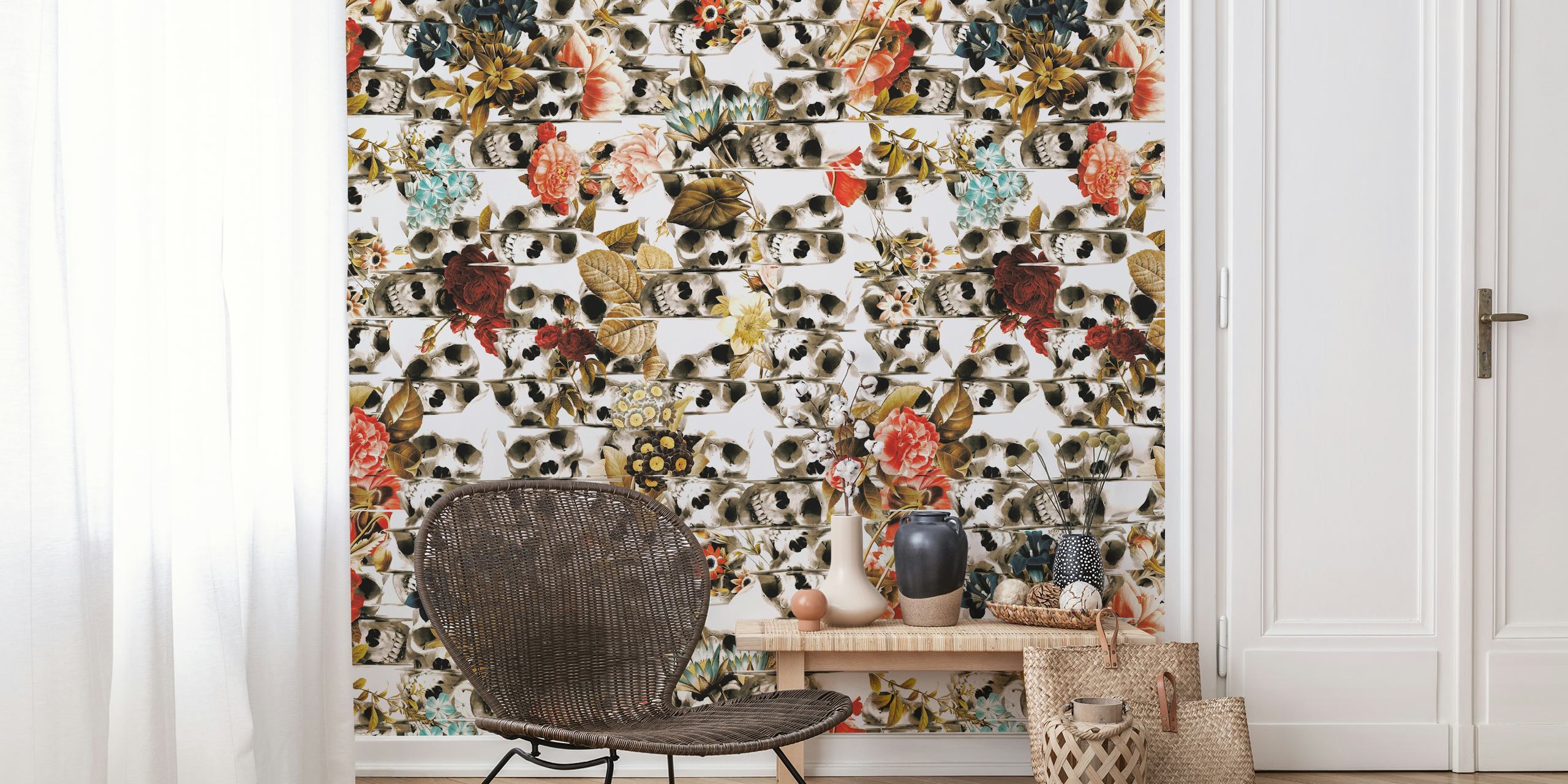 Papier peint mural abstrait à effet glitch présentant des éléments inspirés de l'automne dans un style d'art numérique moderne
