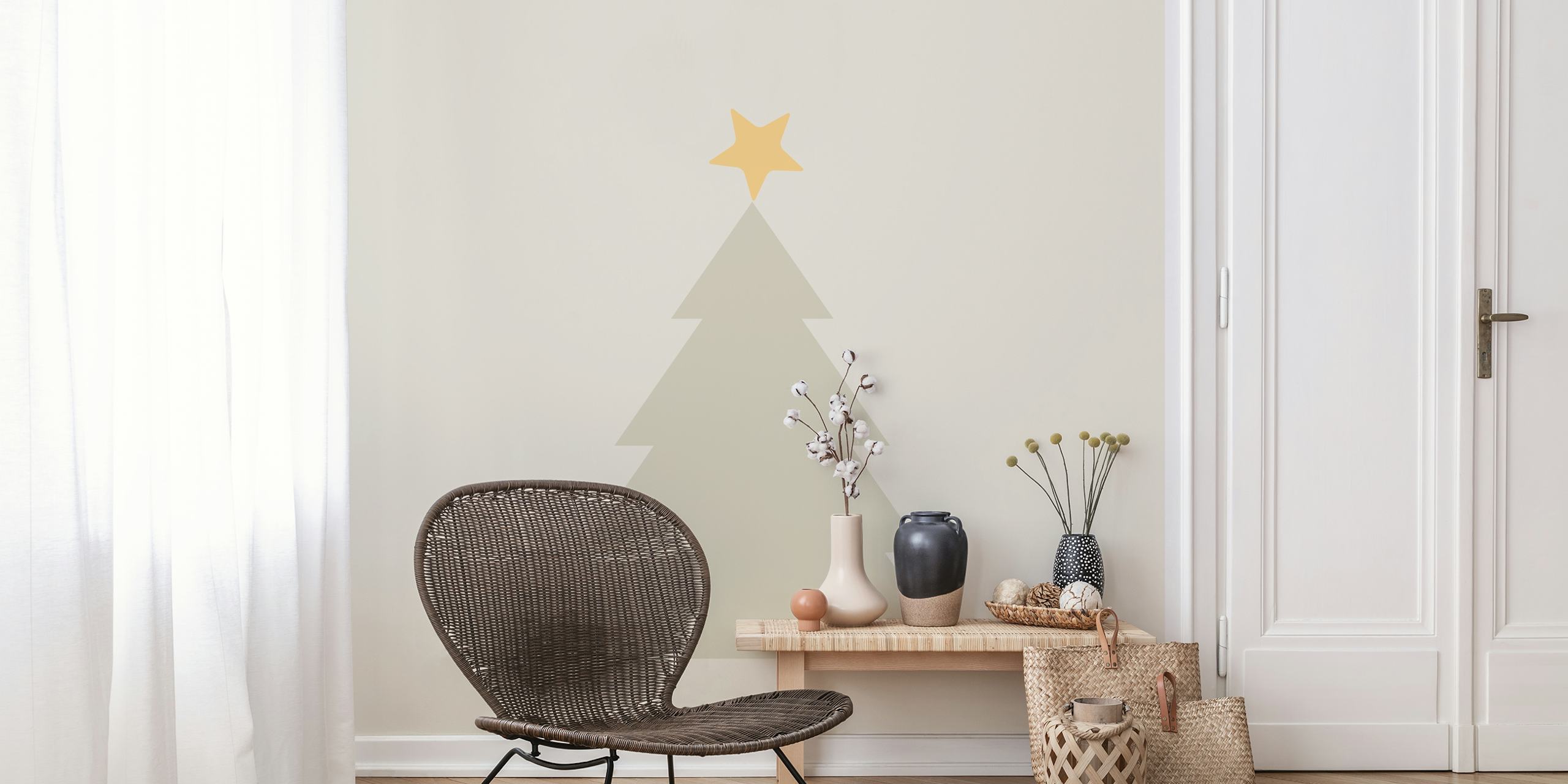 Árvore de Natal Scandi minimalista com um fotomural vinílico de parede de estrela dourada