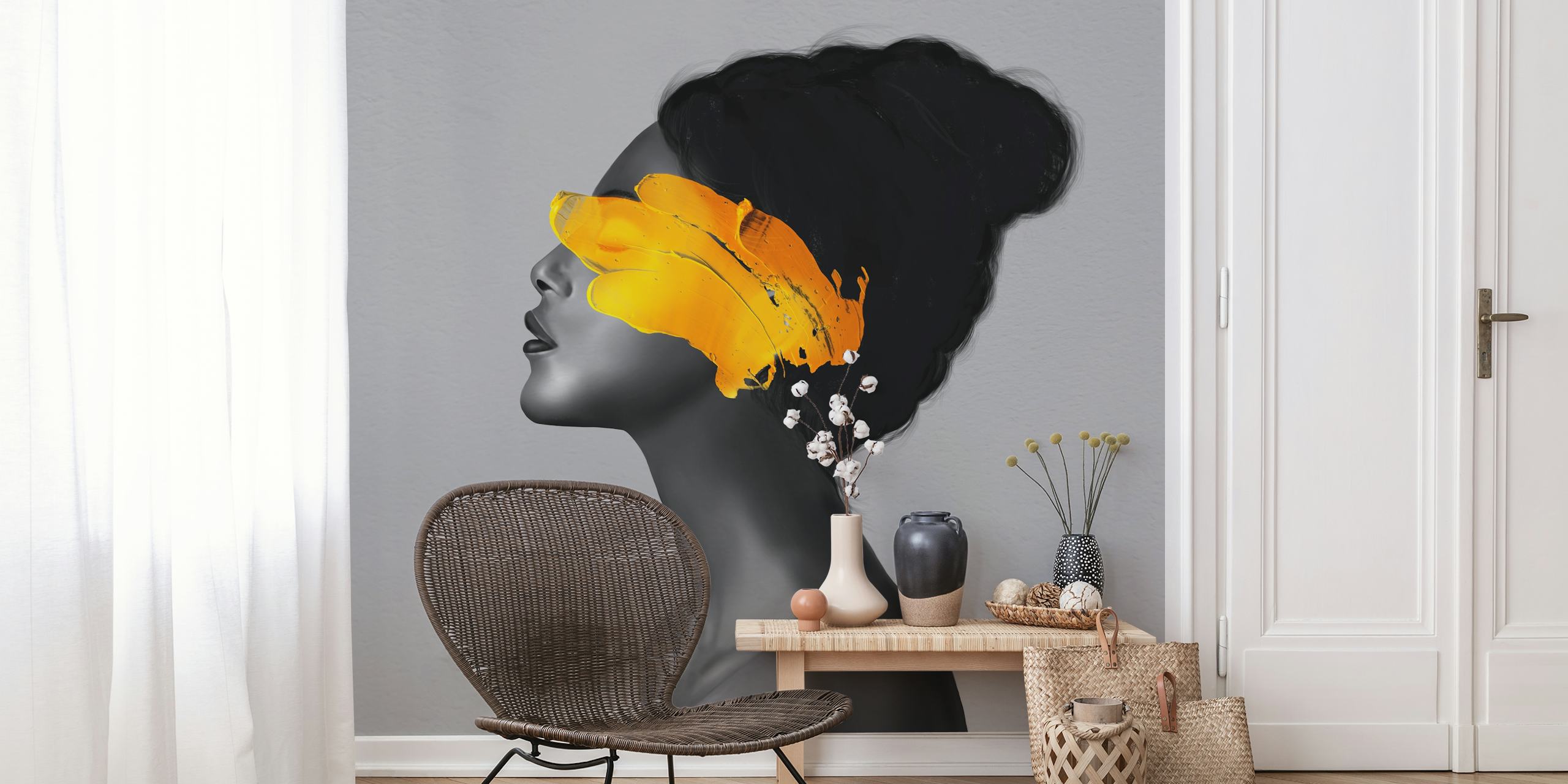 Black abstract silhouette with yellow brush strokes wallpaper