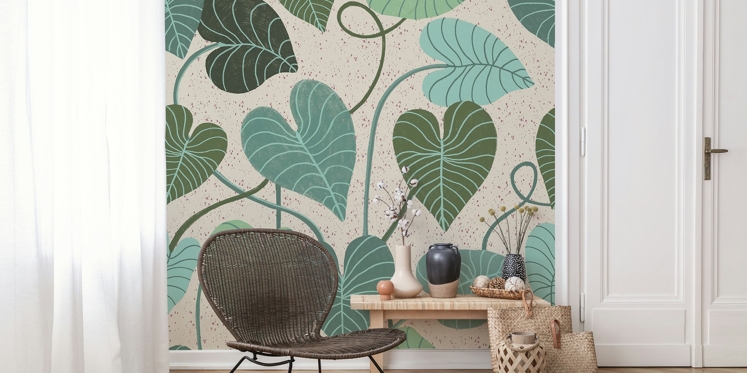 Tropical leaf pattern wallpaper in green and blue tones
