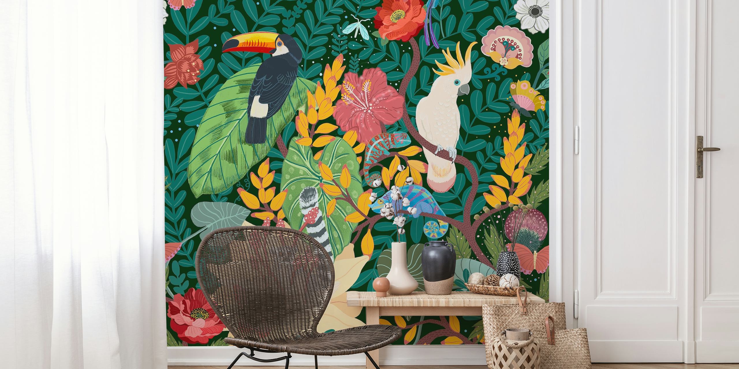 Tropical jungle scene with toucan, parrot, and flowers wallpaper