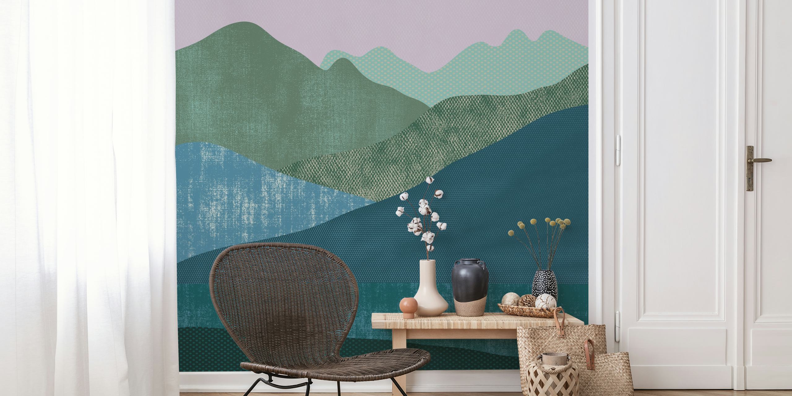 Abstract mountain and river wall mural in soothing colors