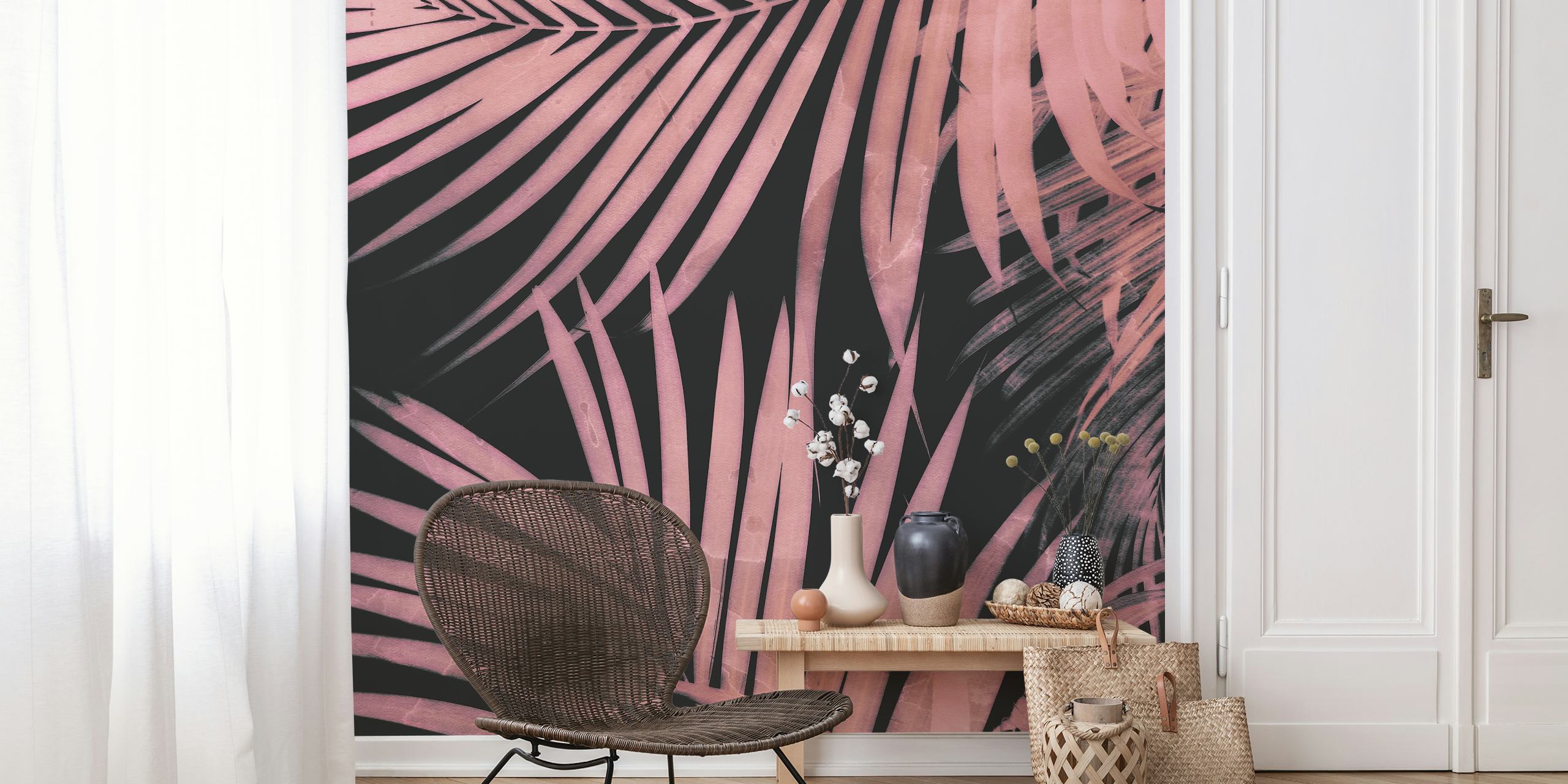 Pink tropical palm leaves on a black background wallpaper