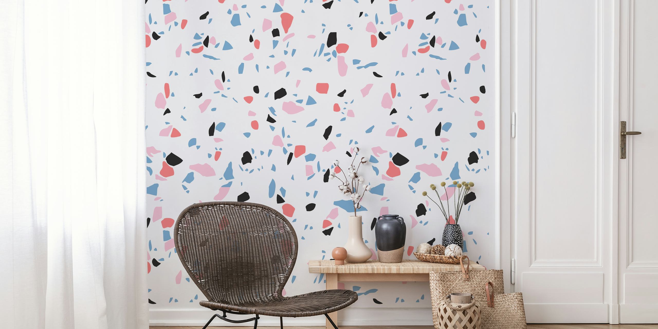 Terrazzo Style 1 veggmaleri med hvit bakgrunn og fargerike abstrakte former