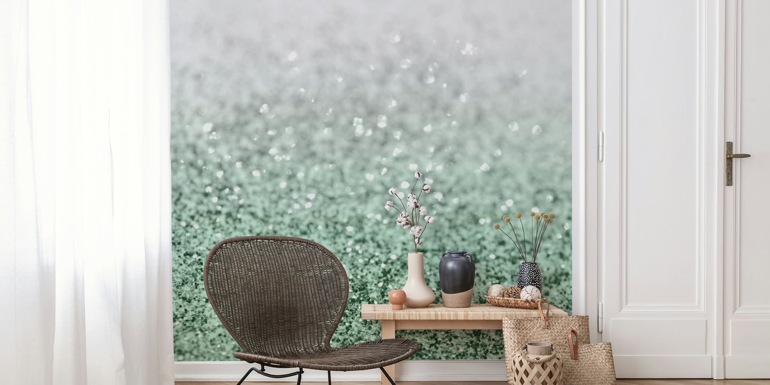 Mint green glitter wallpaper with shimmering texture