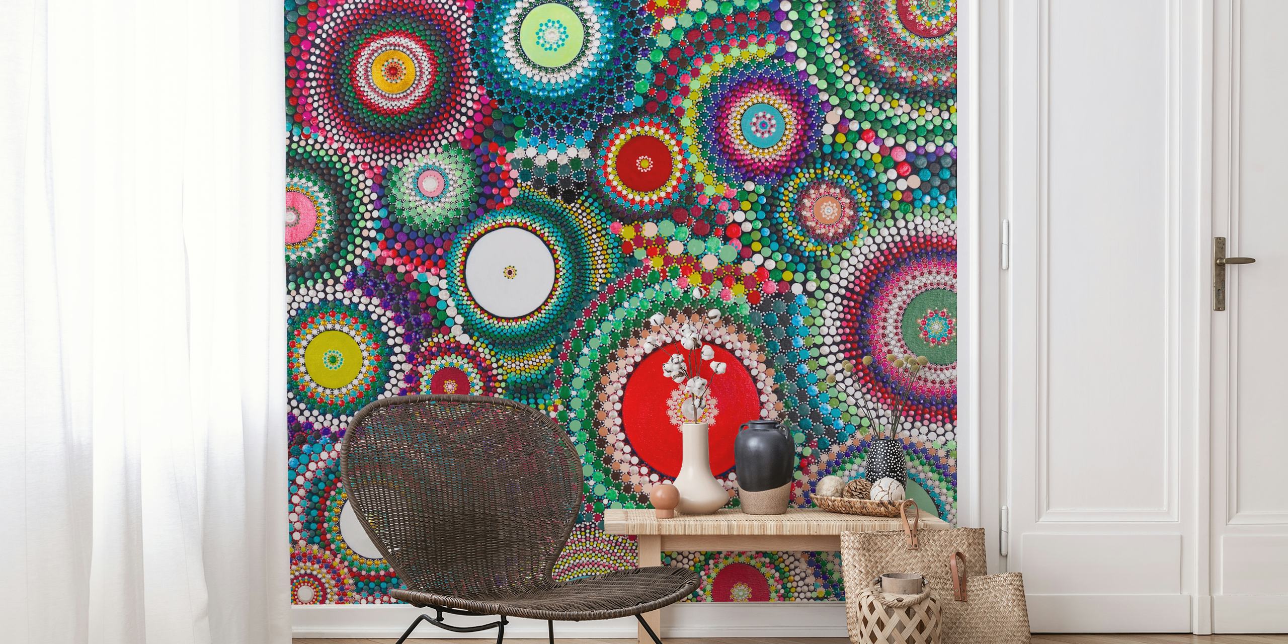 Colorful abstract wall mural design featuring vibrant patterns inspired by Pohutukawa tree blossoms