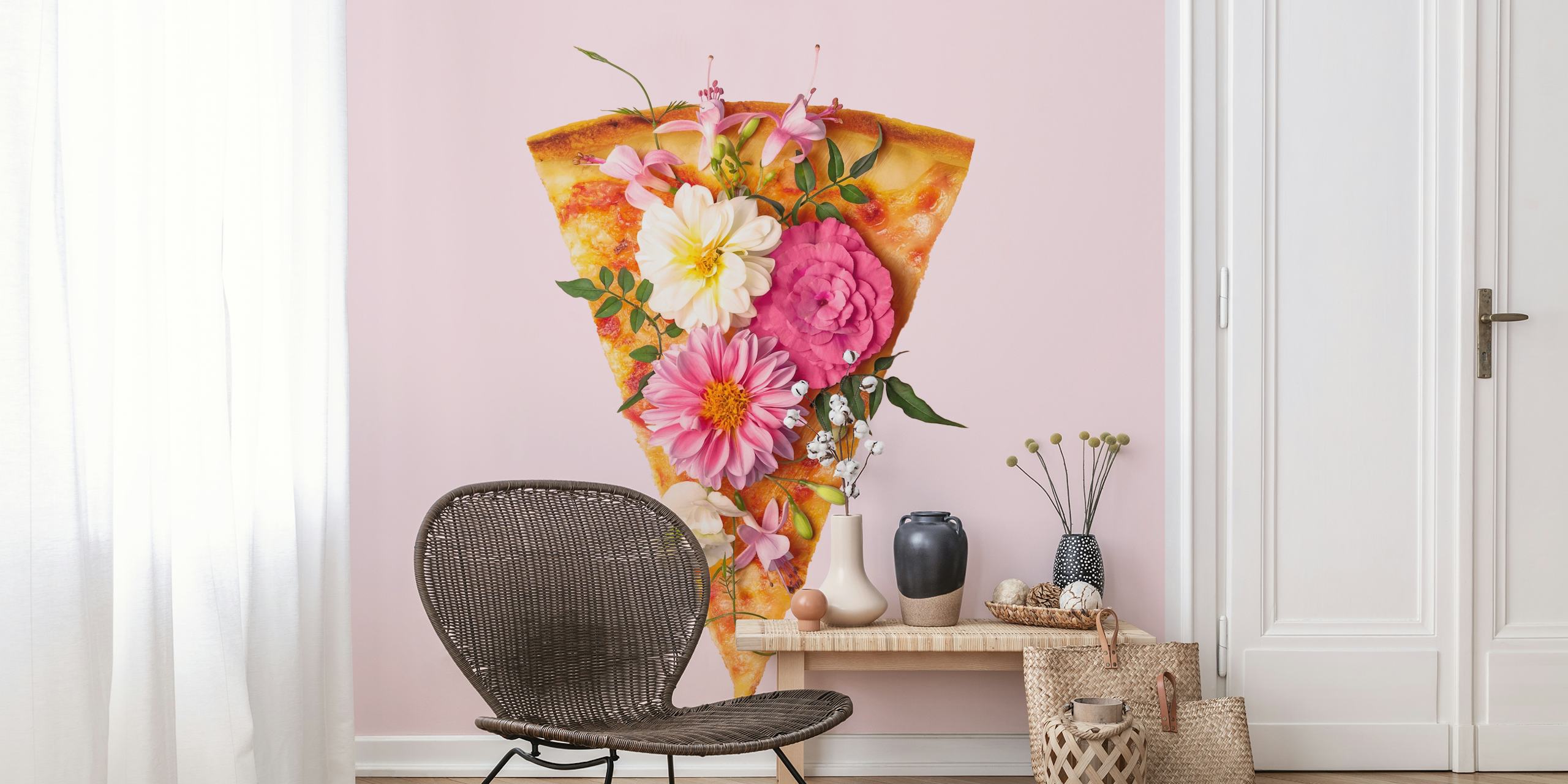 Pizza slice topped with colorful flowers on pink background wallpaper