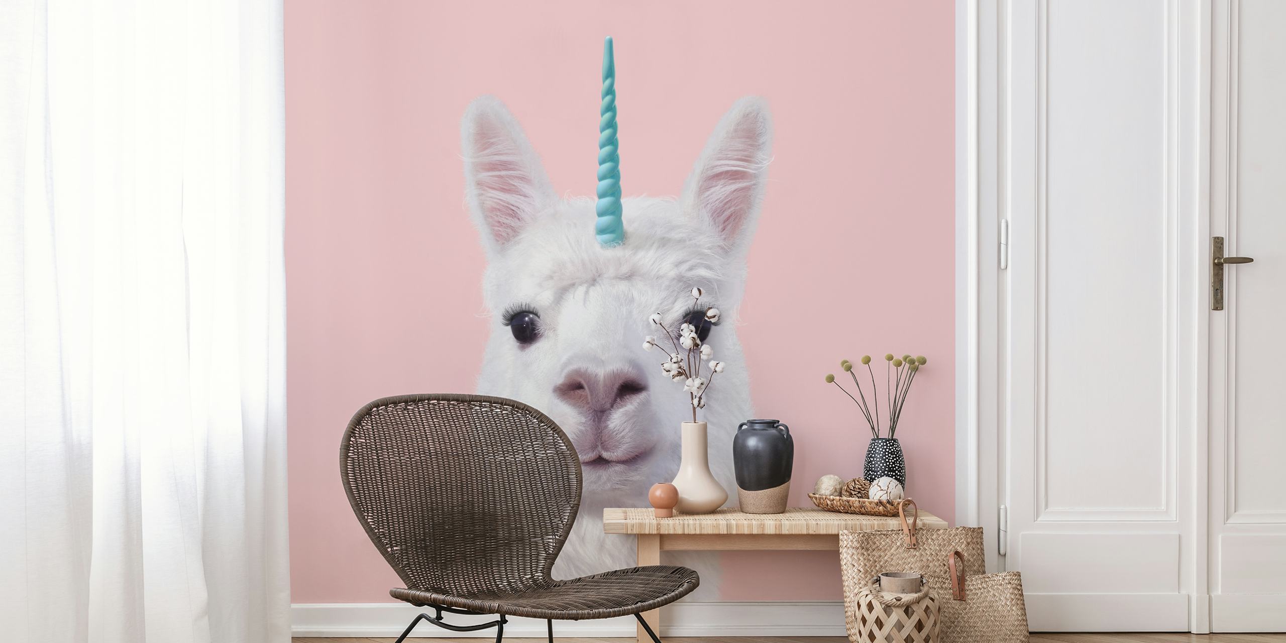 Unicorn alpaca with a teal horn on pink background wallpaper