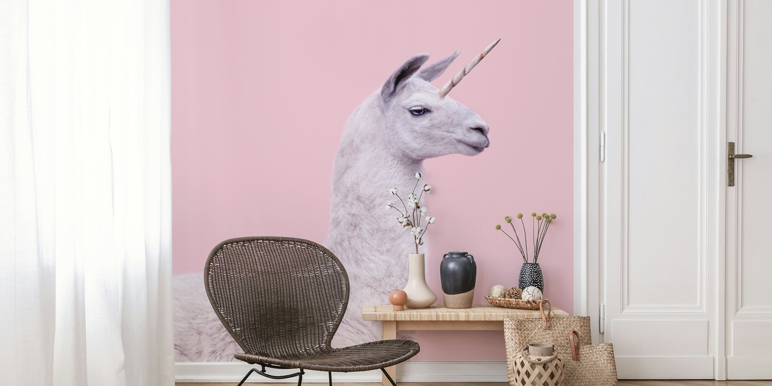 Finurligt Lama Unicorn-Vægmaleri Med Pastellyserød Baggrund