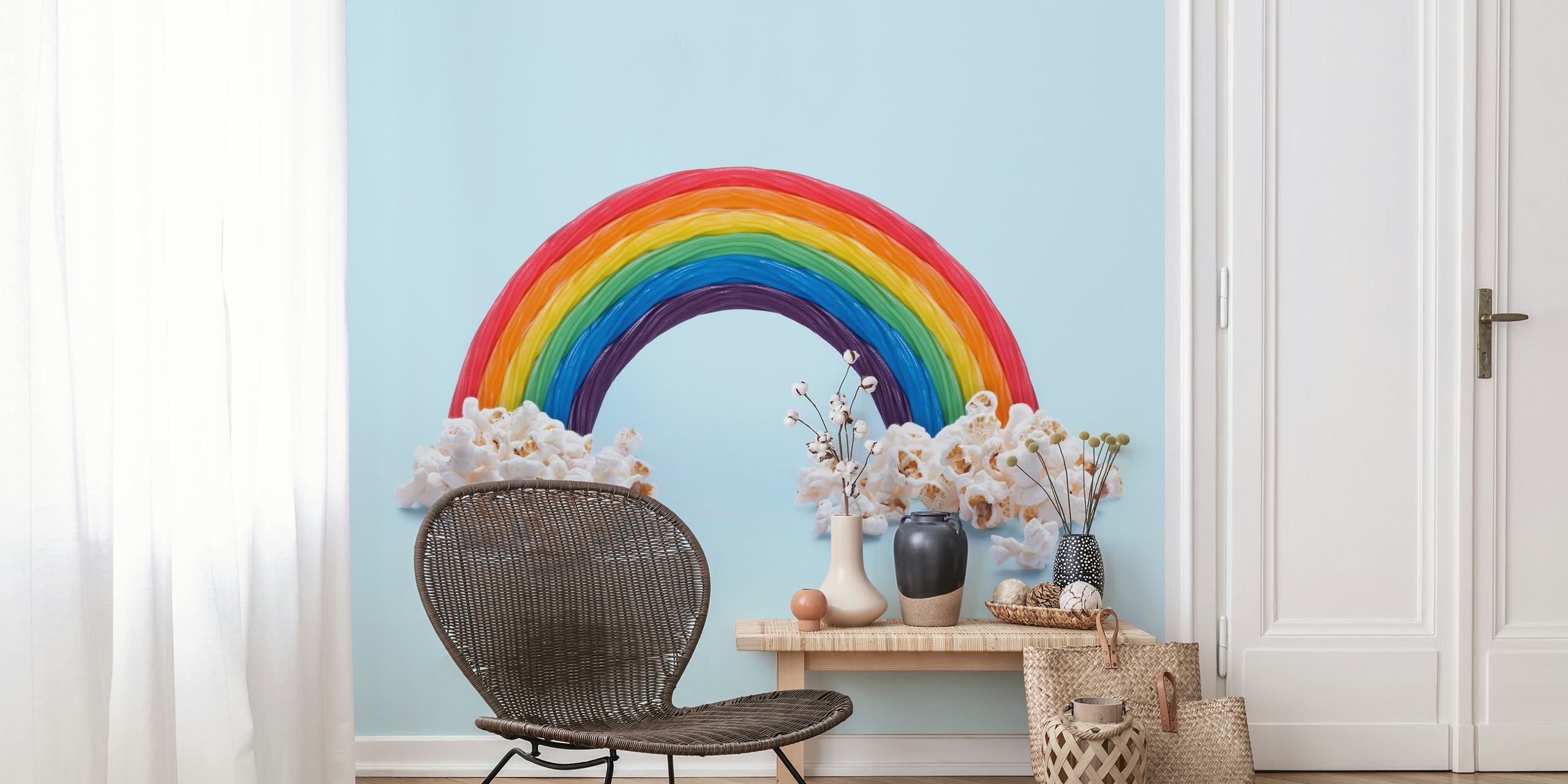 Rainbow design with colorful stripes and popcorn elements wallpaper