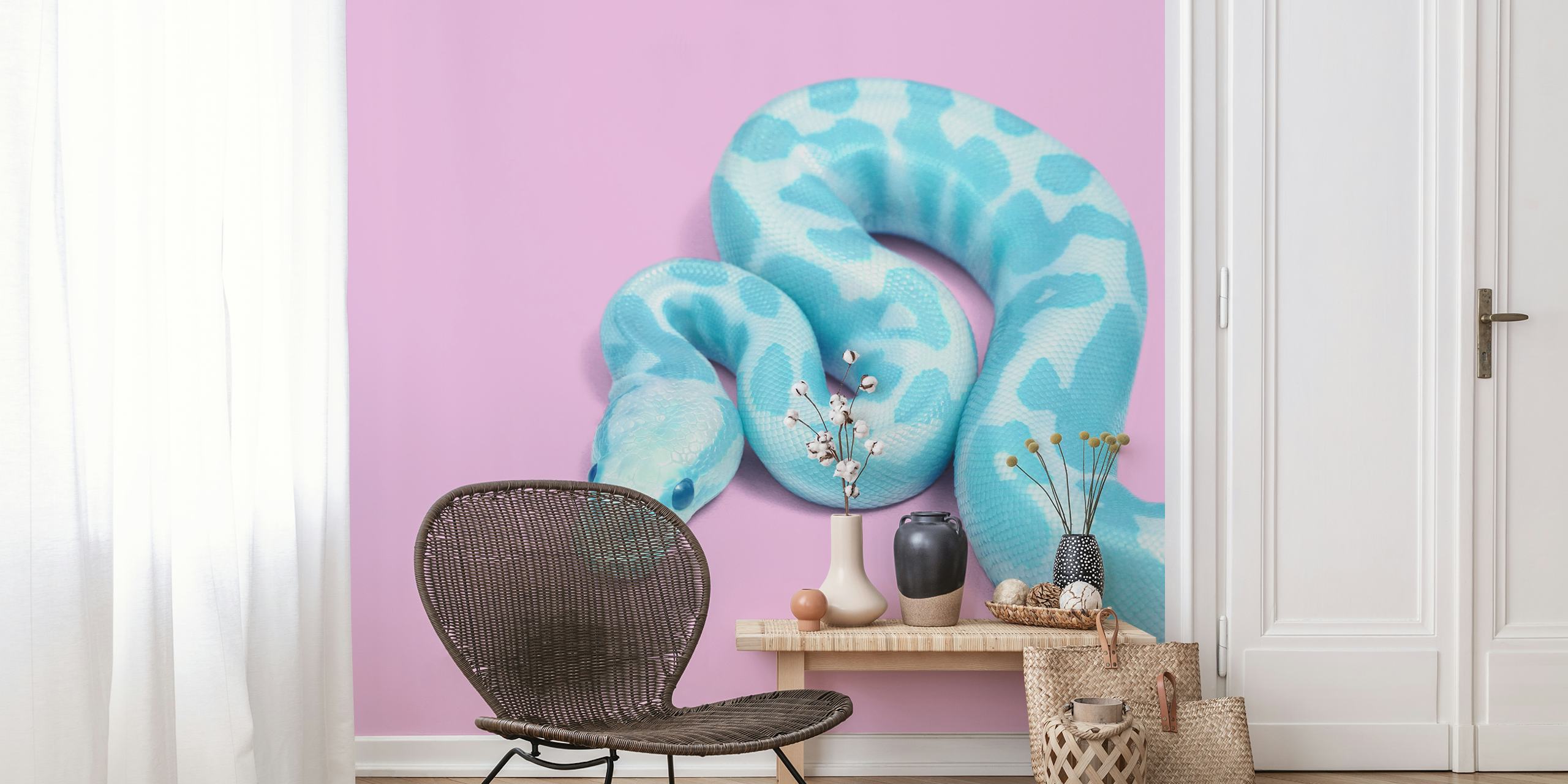 A blue snake with light blue and white patterns on a pink background wallpaper