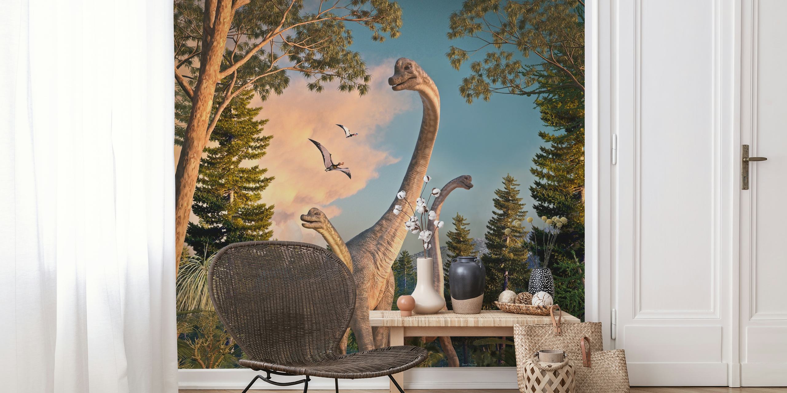 Dinosaurs in a lush green forest with blue sky wallpaper