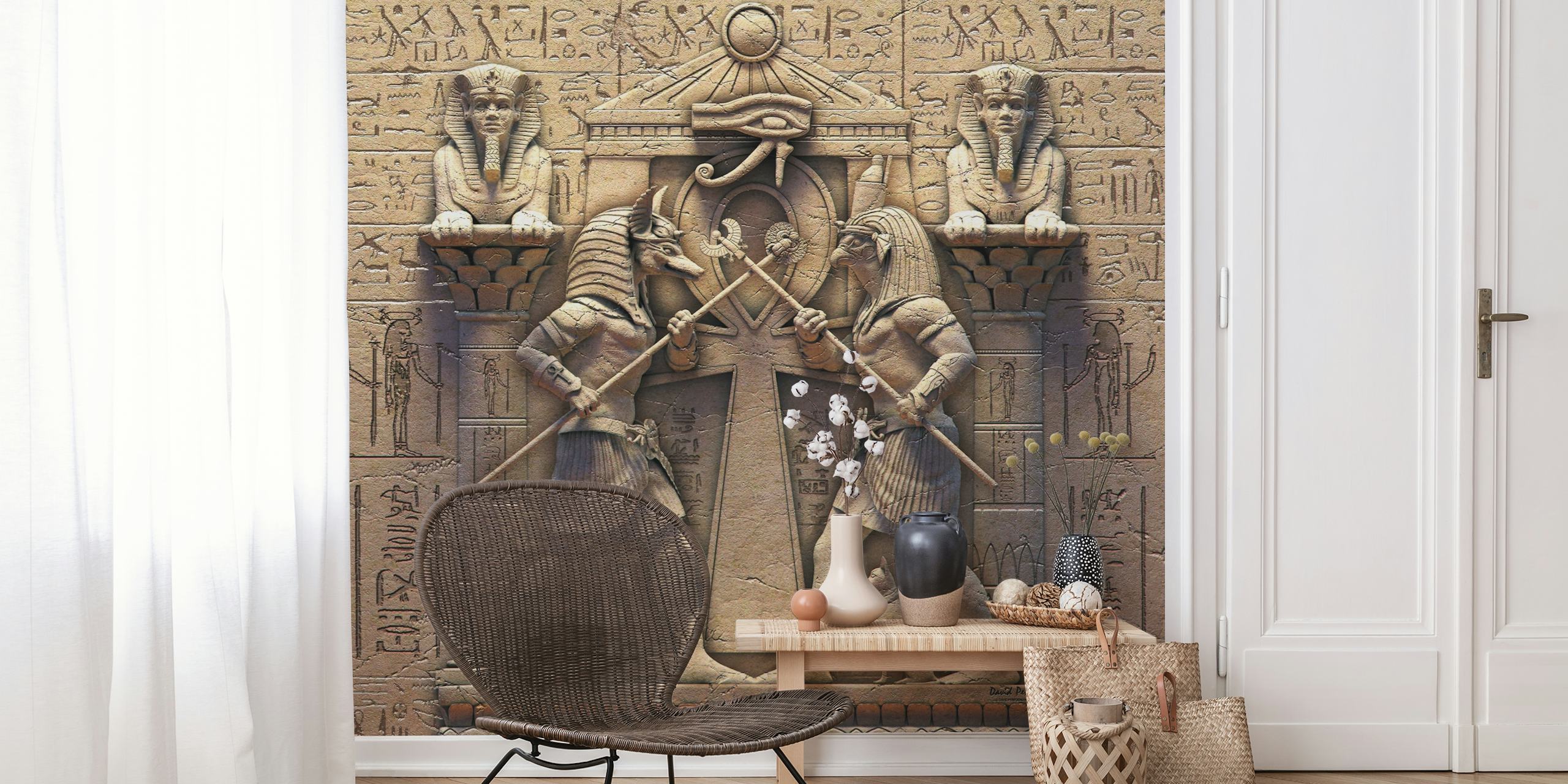 Egyptian gods with hieroglyphs and stone texture wallpaper