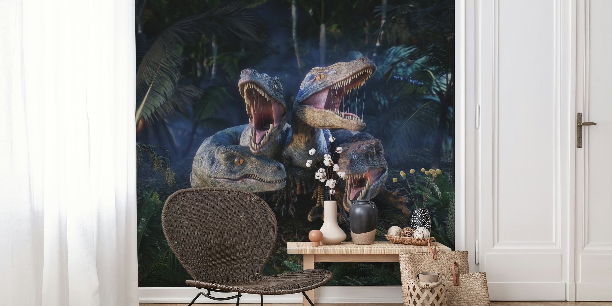 Raptor Squad dinosaur-themed wall mural with three raptors in a jungle