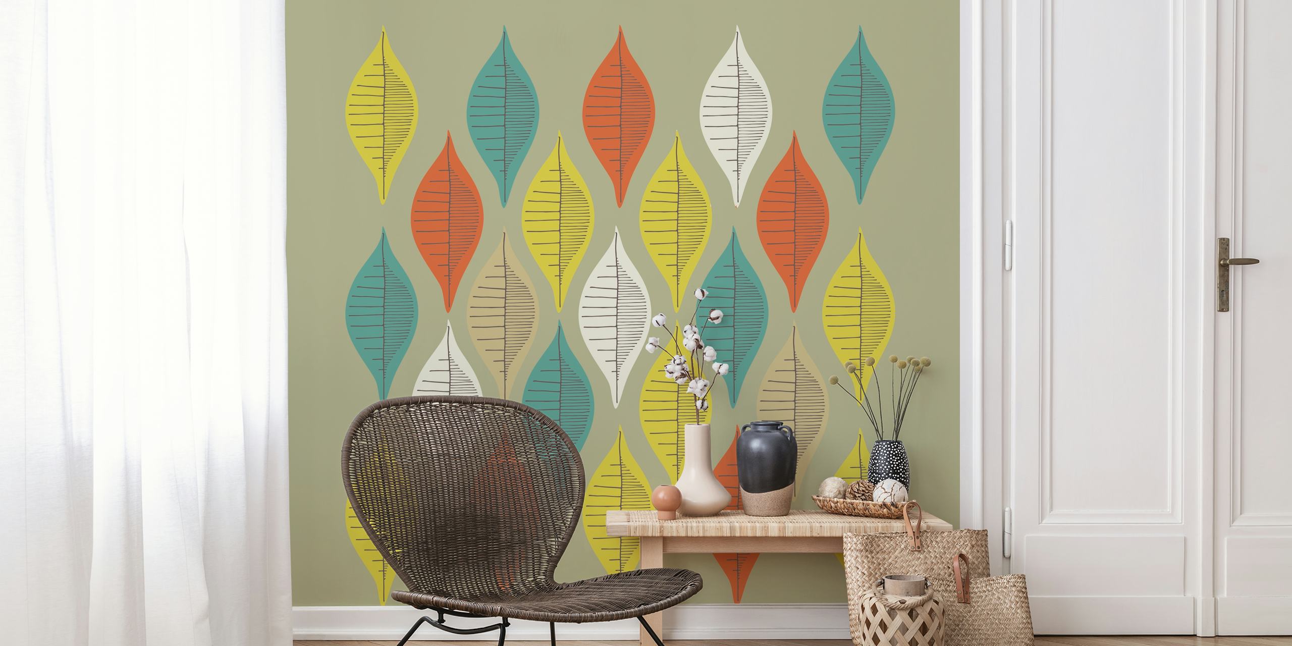 Colorful leaf pattern in greens, yellows, and reds wallpaper