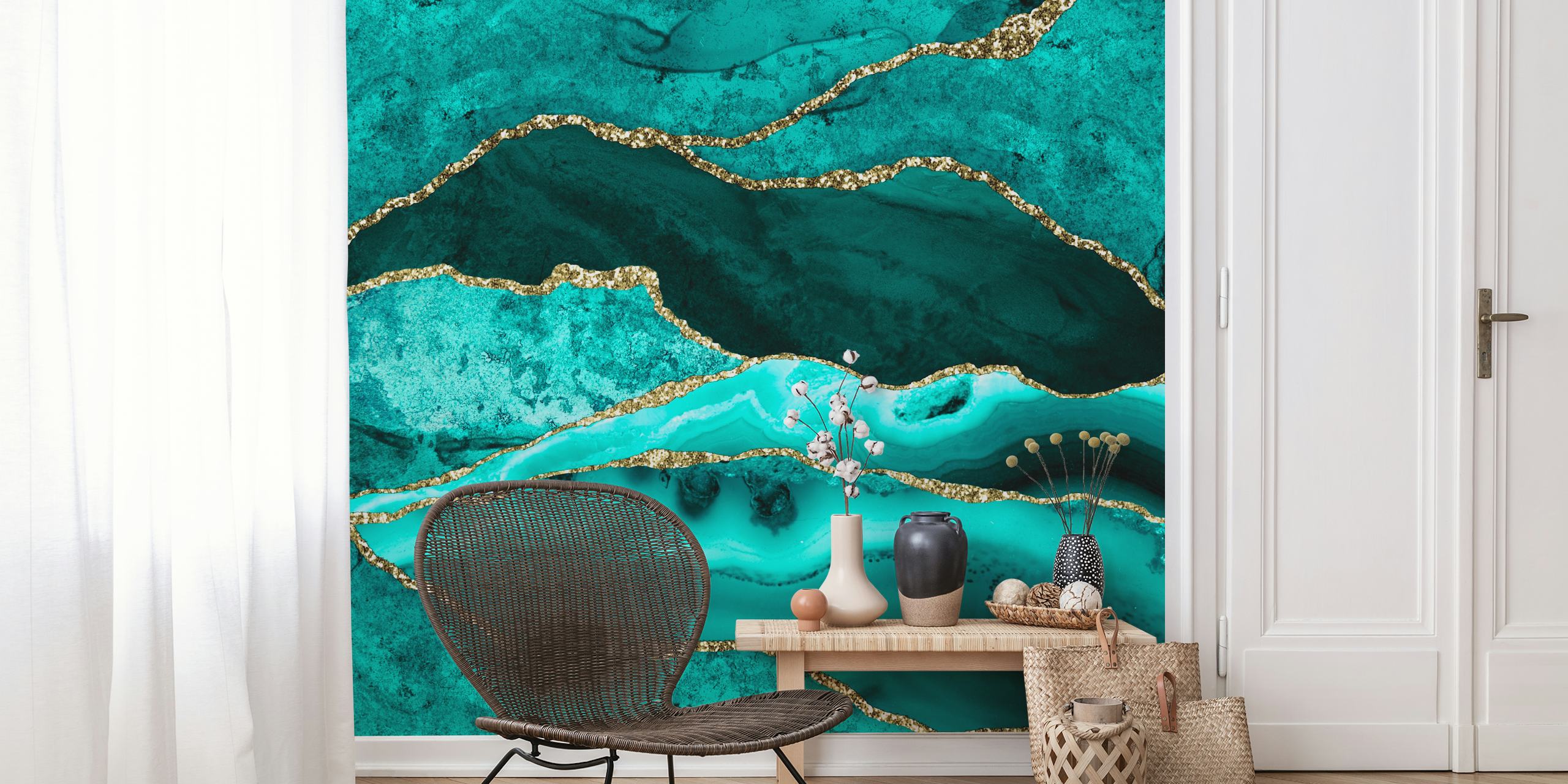 Ocean Waves Marble Emerald wallpaper design in room