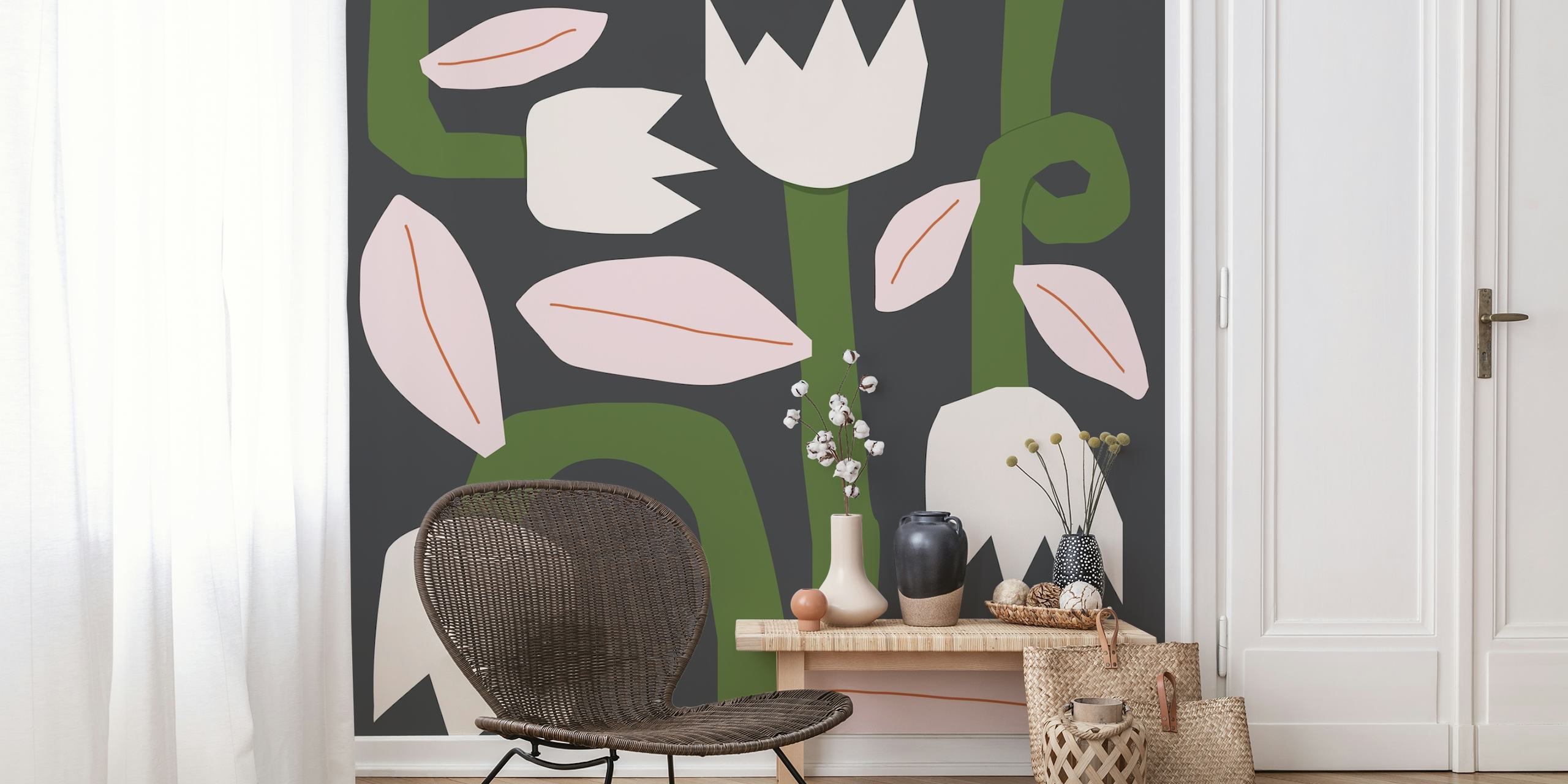 Abstract botanisch fotobehang met roze bloemen en groene bladeren op een donkere achtergrond