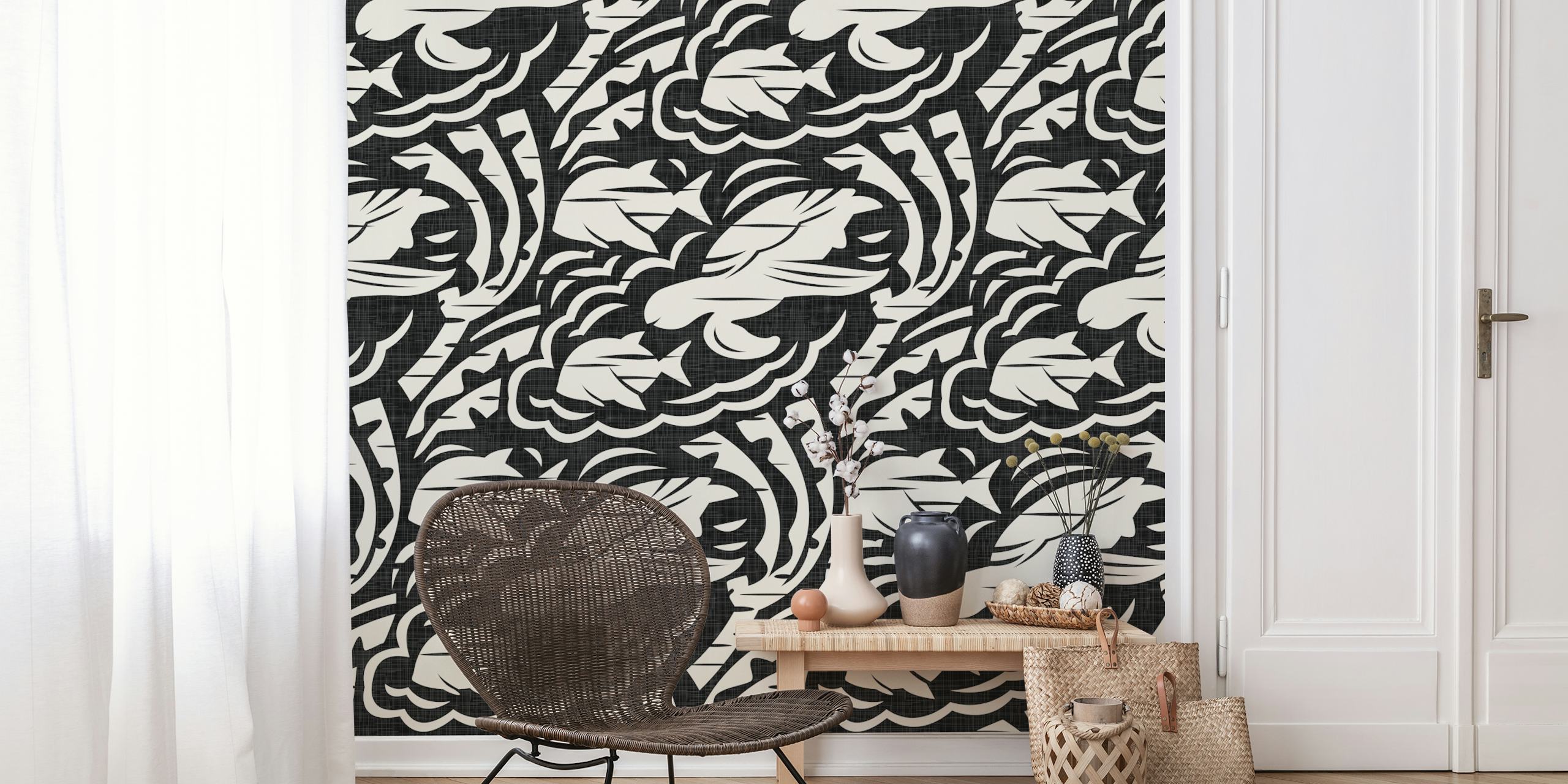 Hawaiian turtles and clouds in black and cream wallpaper