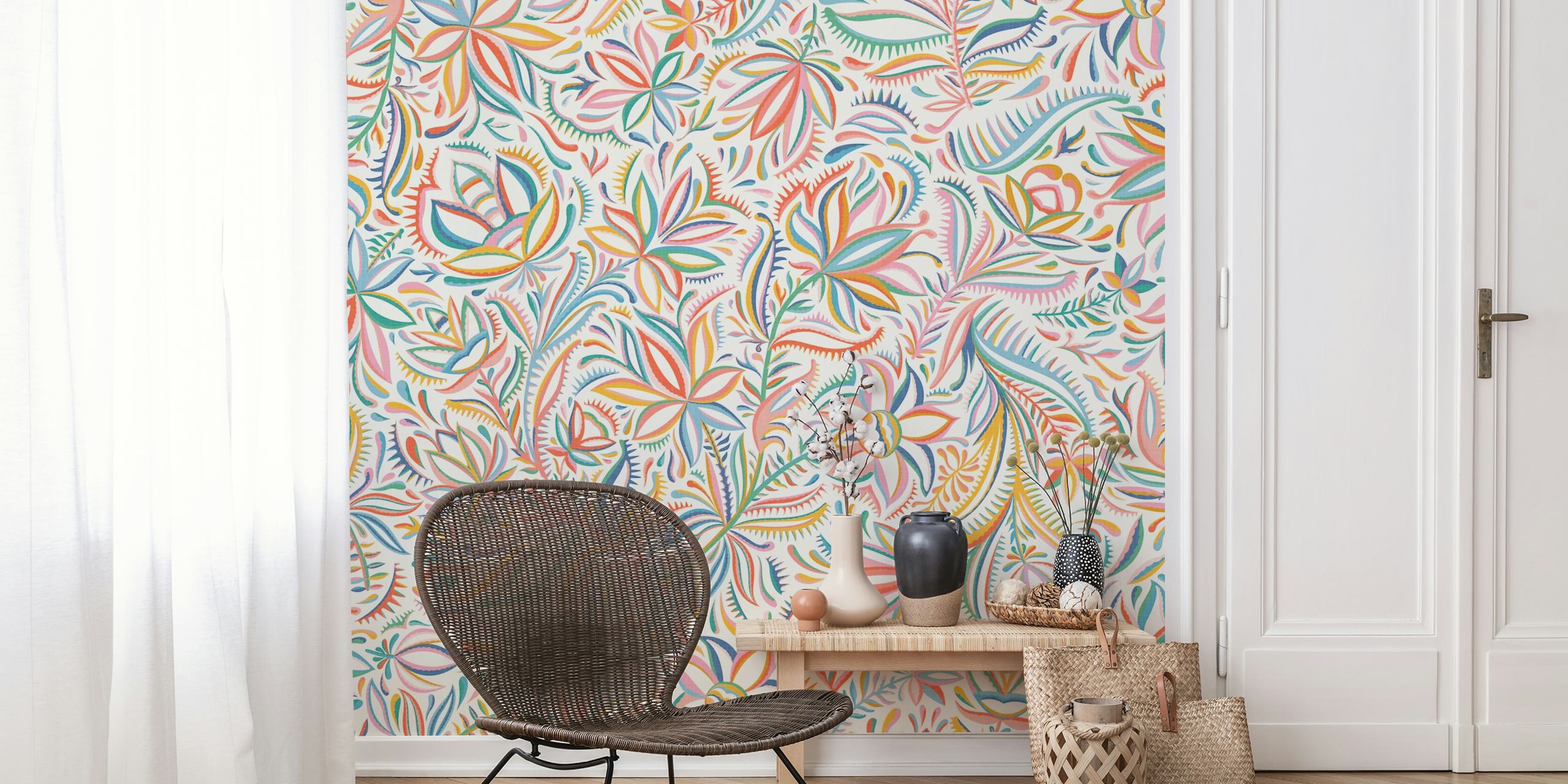 Colorful floral wallpaper in a room