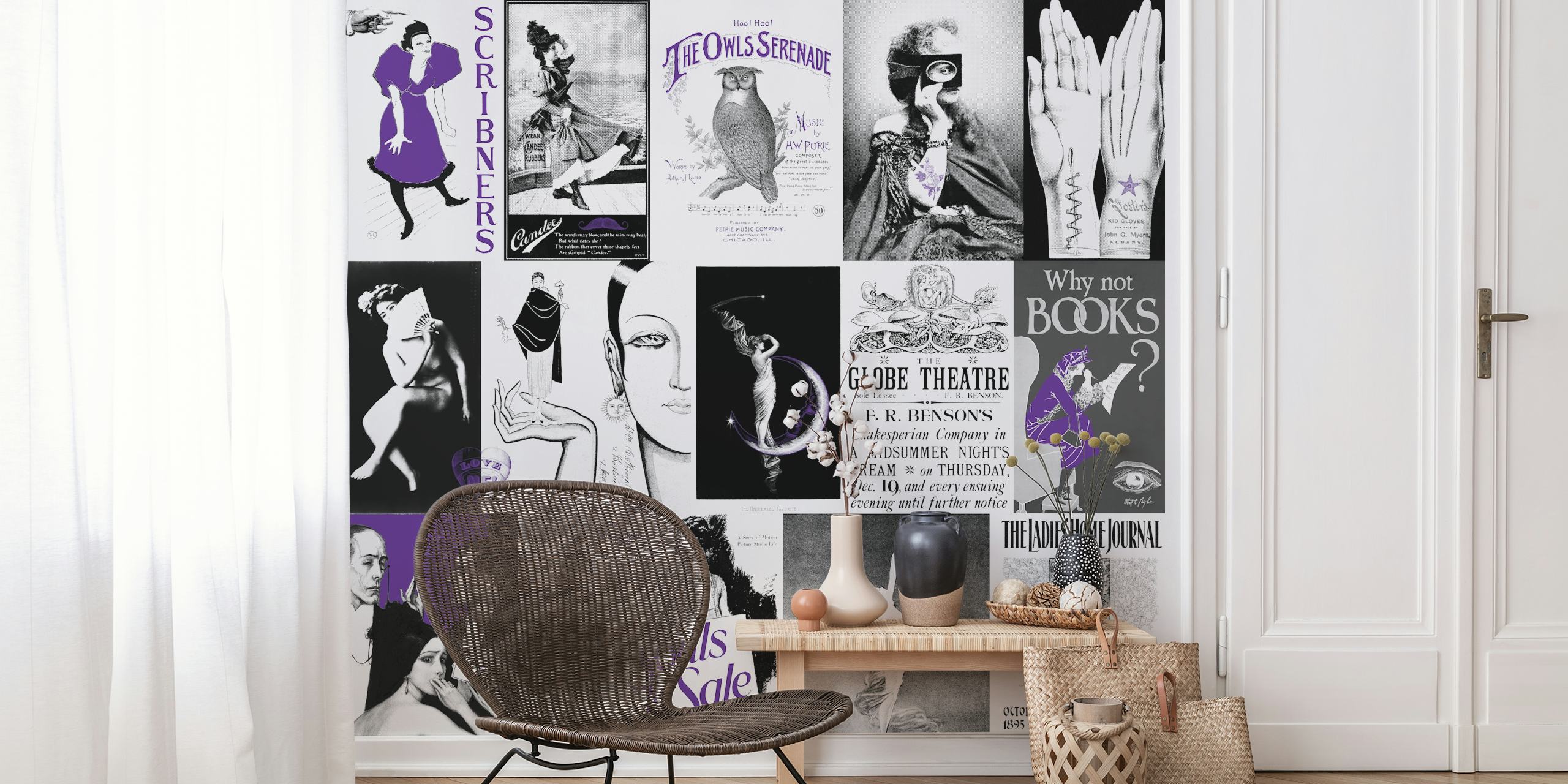 Vintage art wallpaper in black, white, and purple