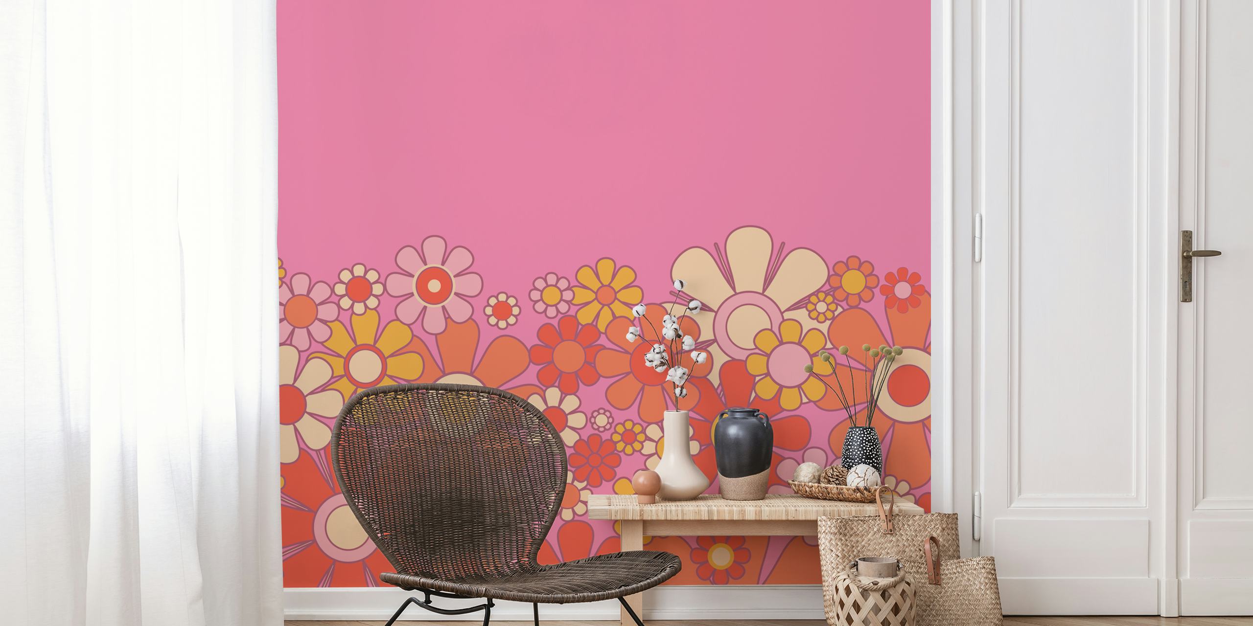 Groovy Retro Garden Pink wallpaper in a room