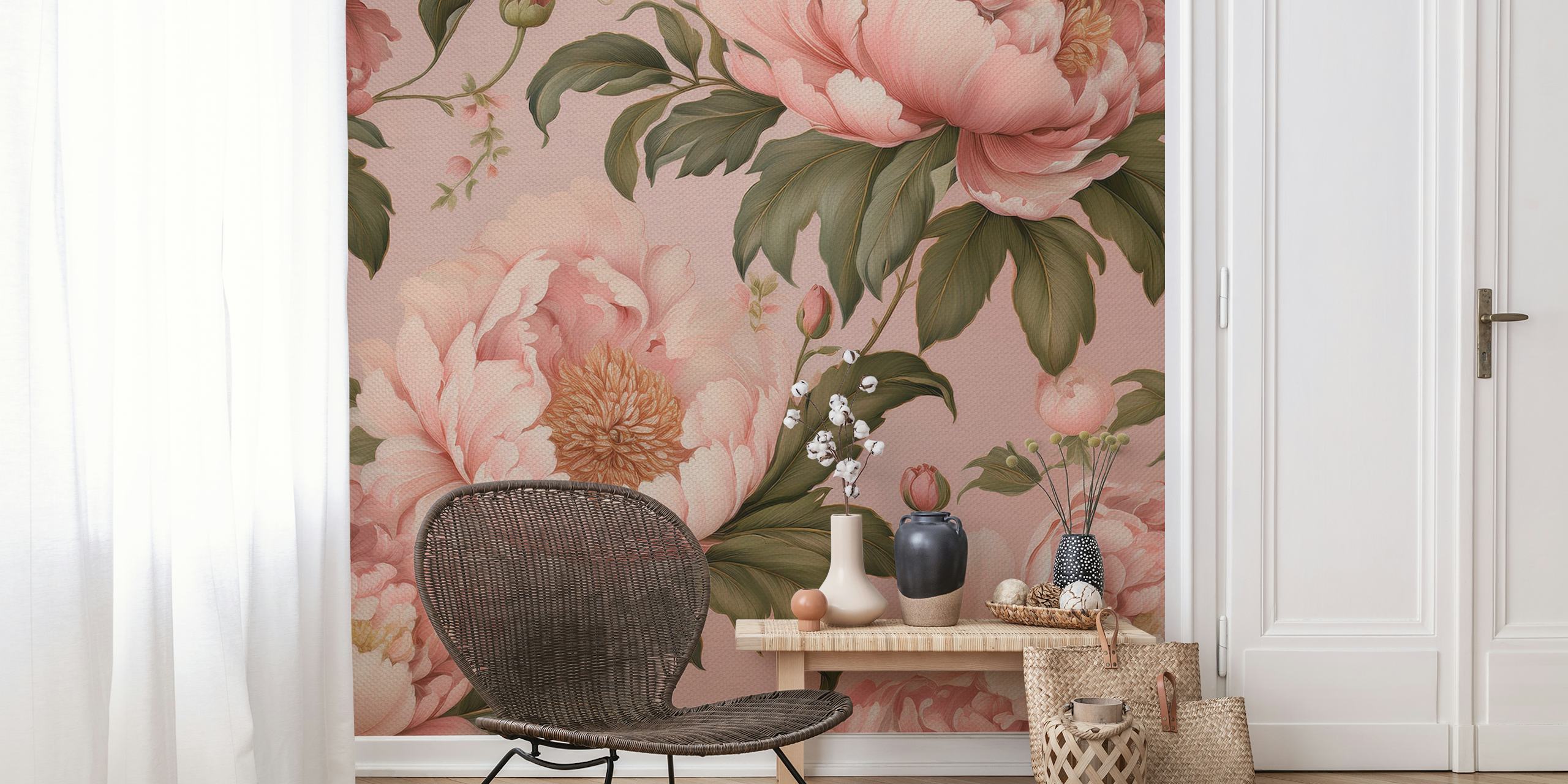 Pink peony floral design on vintage wallpaper