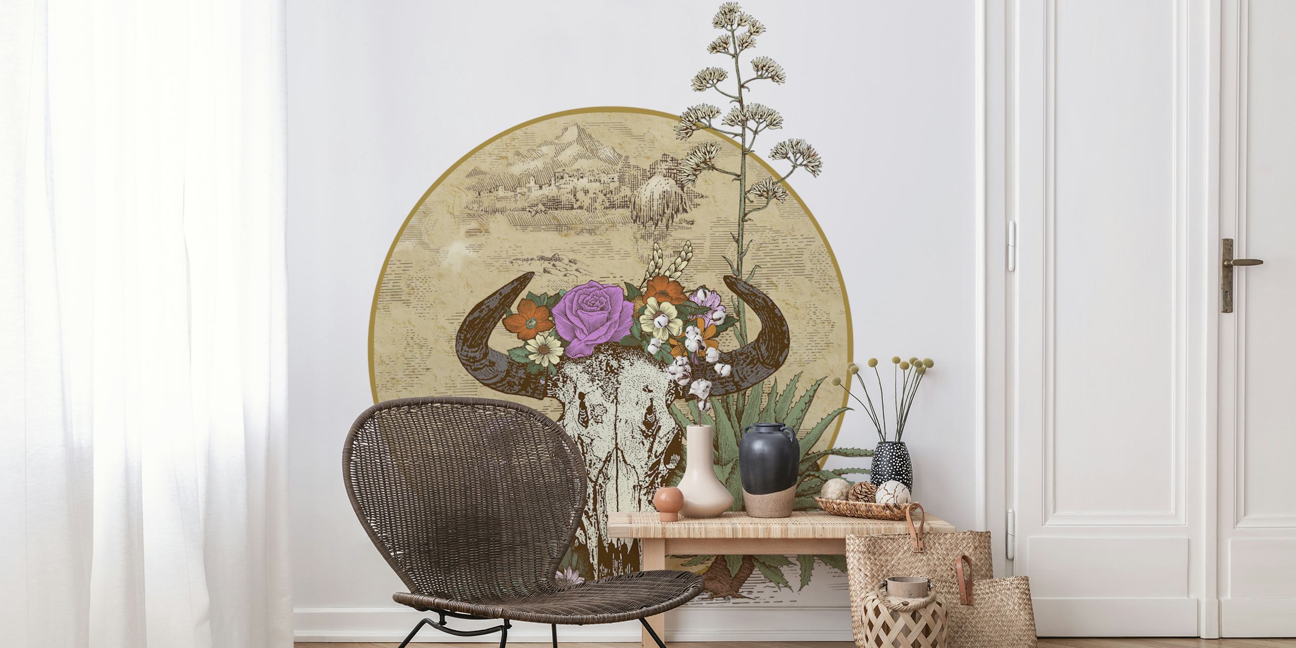 Skull with flowers and plants in front of a circular backdrop wallpaper