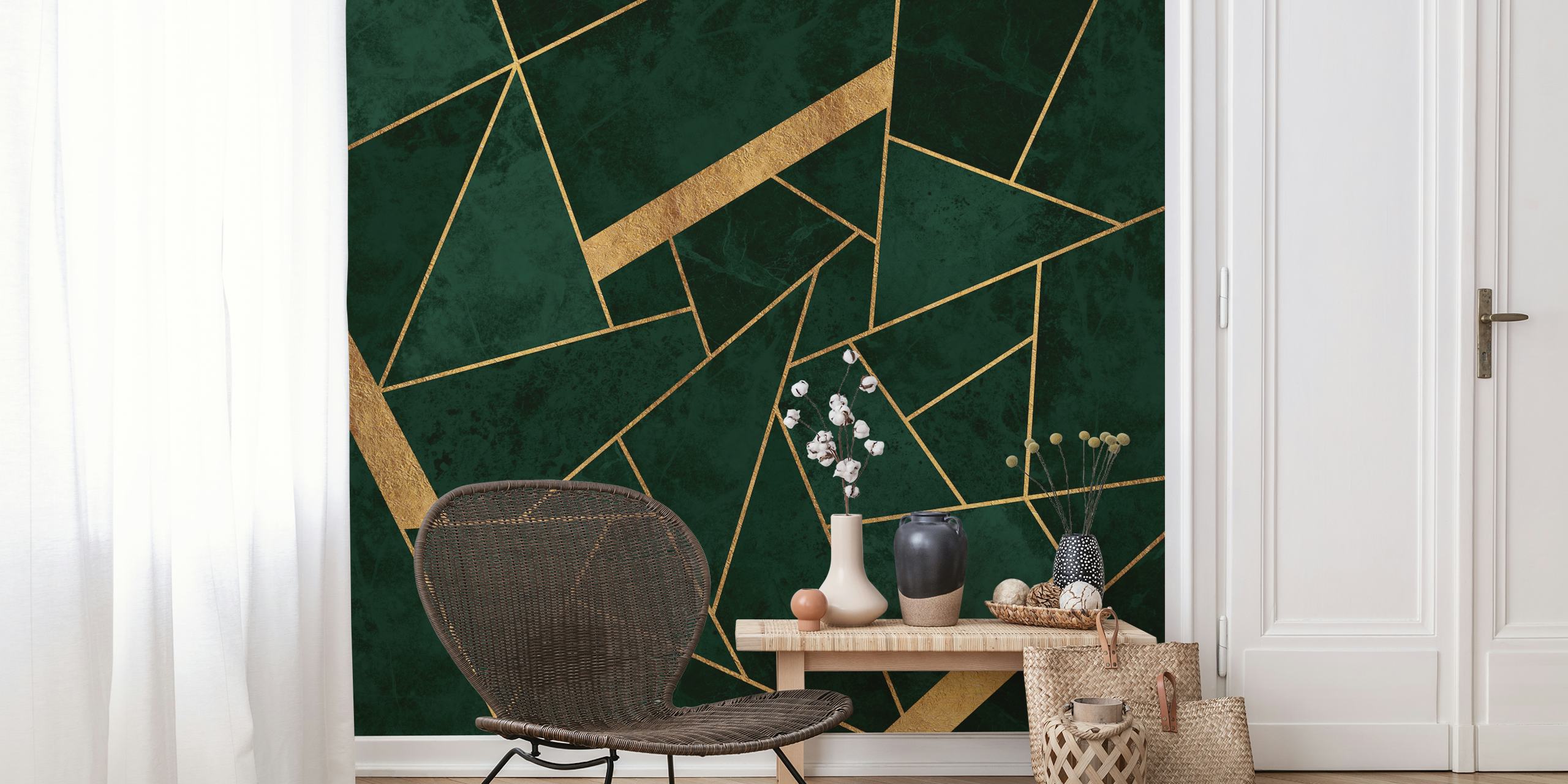 Geometric pattern in dark green and gold wallpaper
