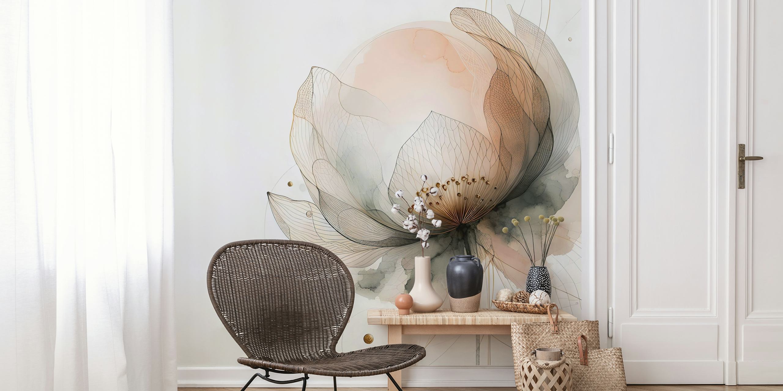 Ink Wash Lotus Dream -tapetti huoneessa