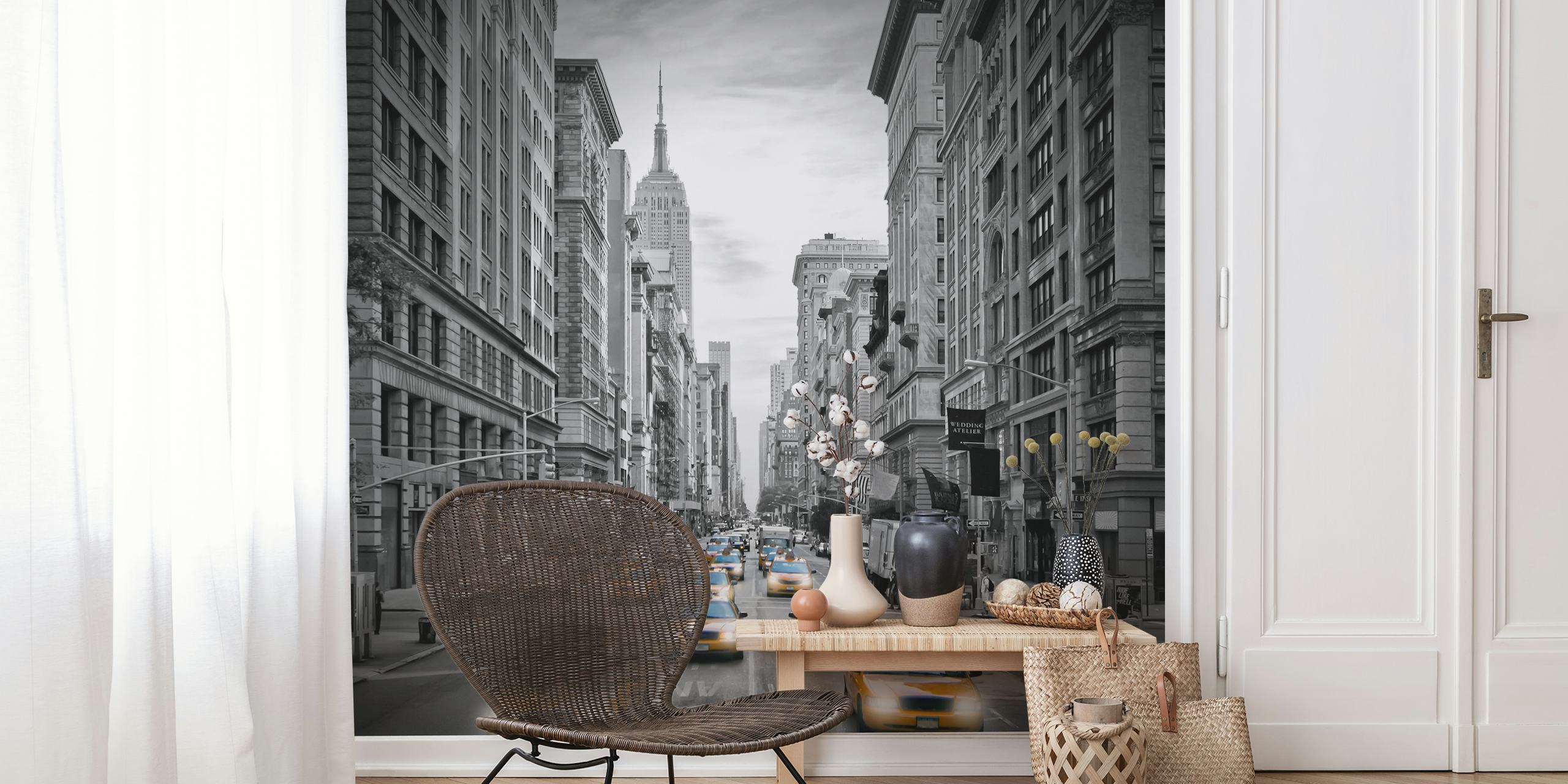 Black and white cityscape with yellow taxis in Manhattan, NYC wallpaper
