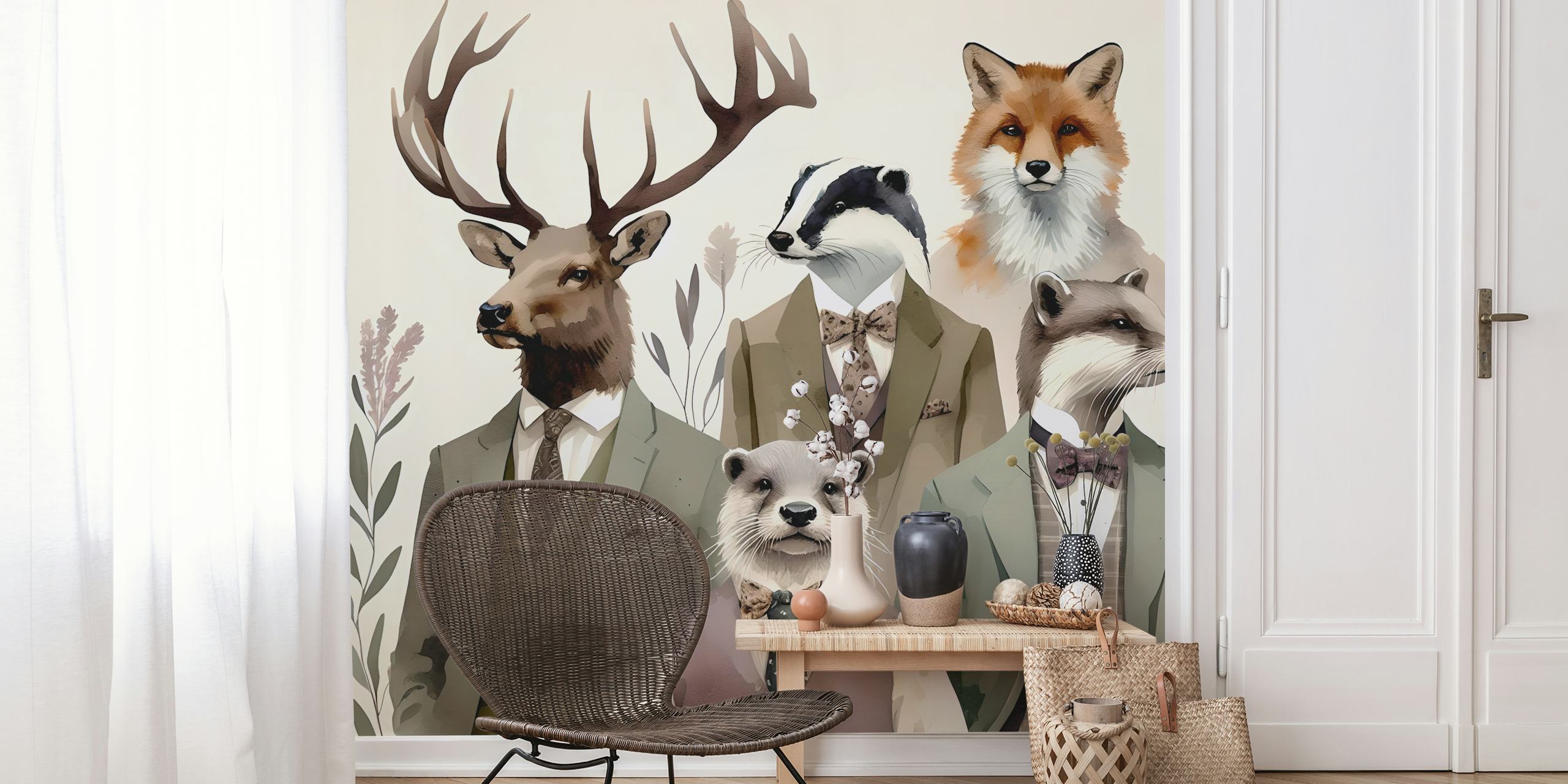 Illustrations of dapper animals in suits with floral details wallpaper