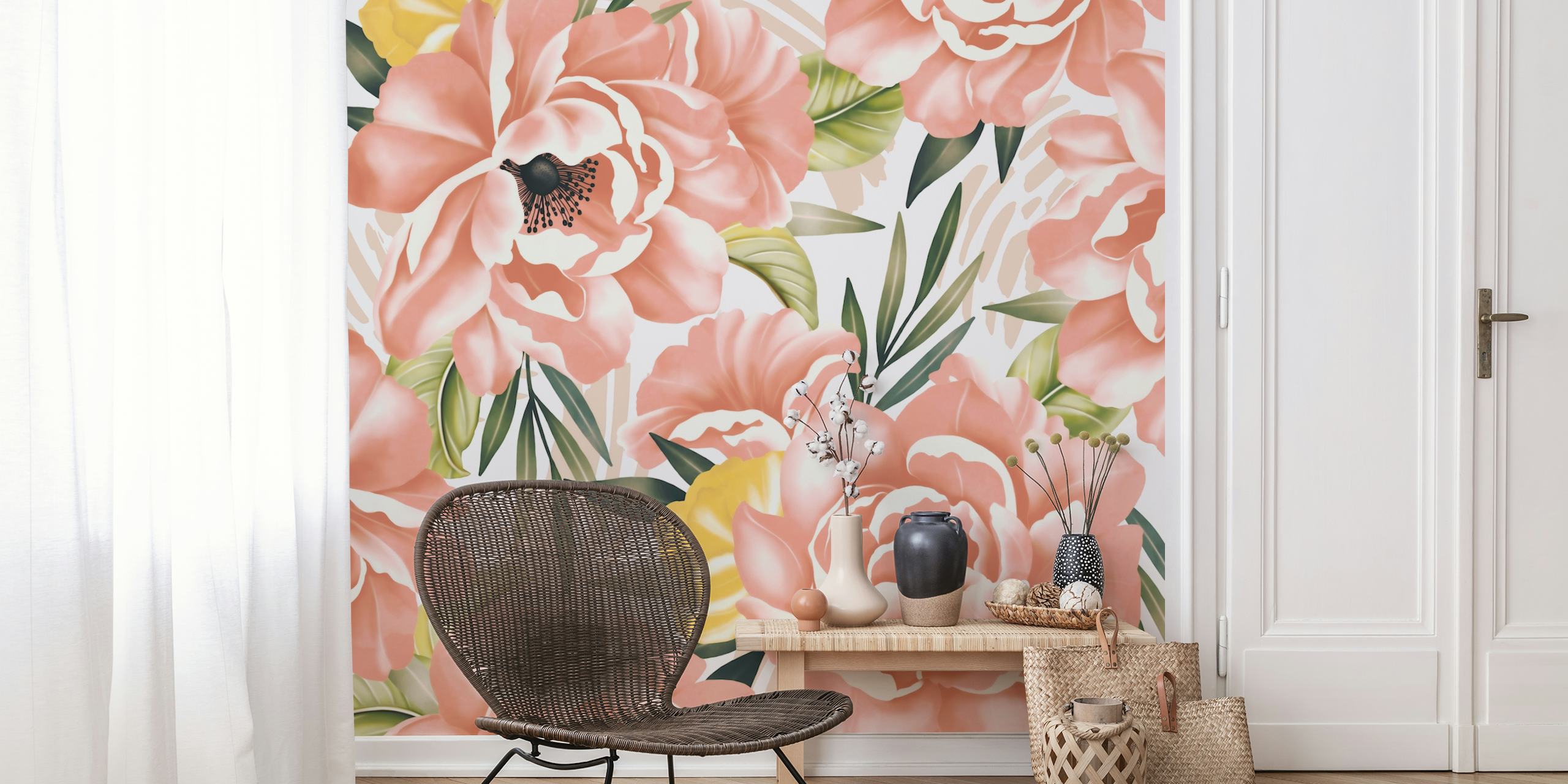 Pink peony floral design with green leaves wallpaper