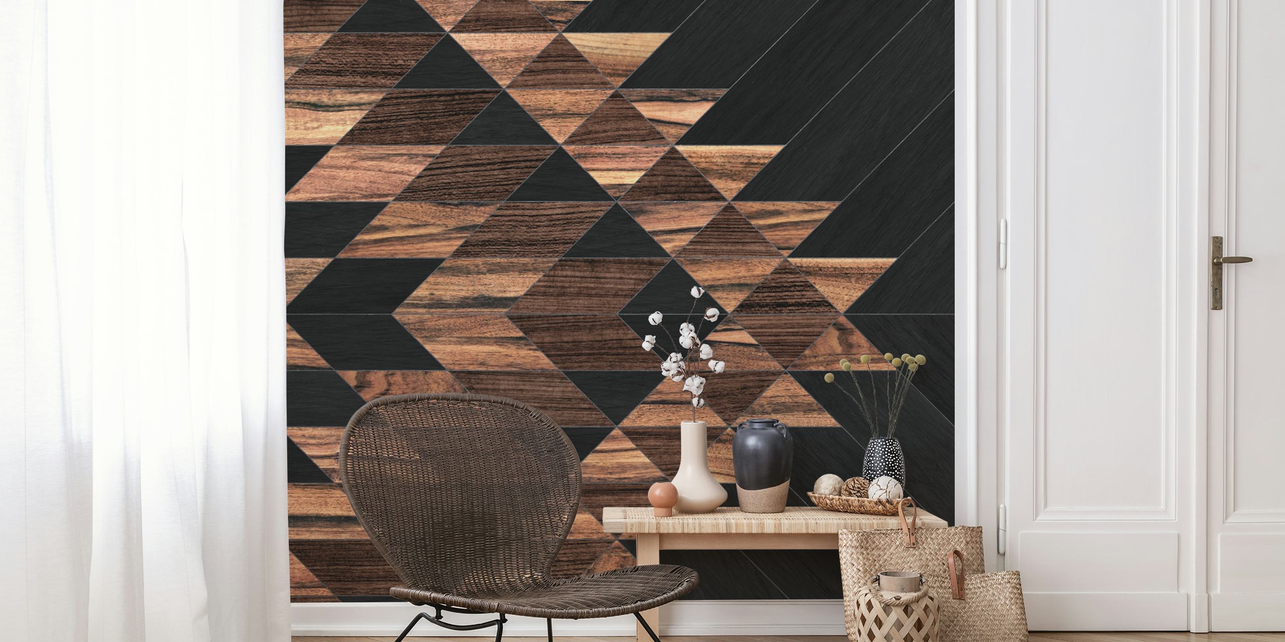 Urban tribal pattern wallpaper displayed in a room