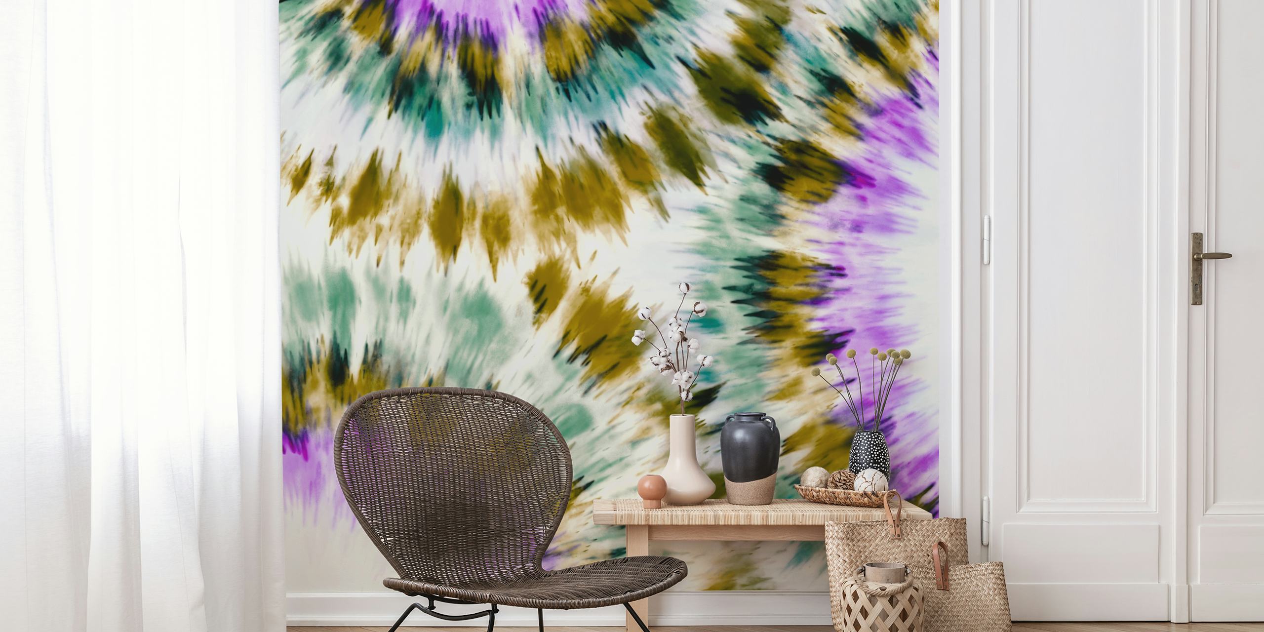 Psychedelic tie-dye pattern in purple, green, and yellow colors wallpaper