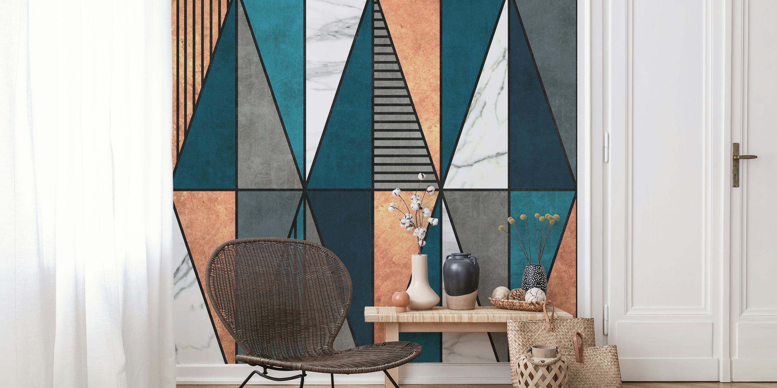 Geometric copper and blue triangles pattern wallpaper