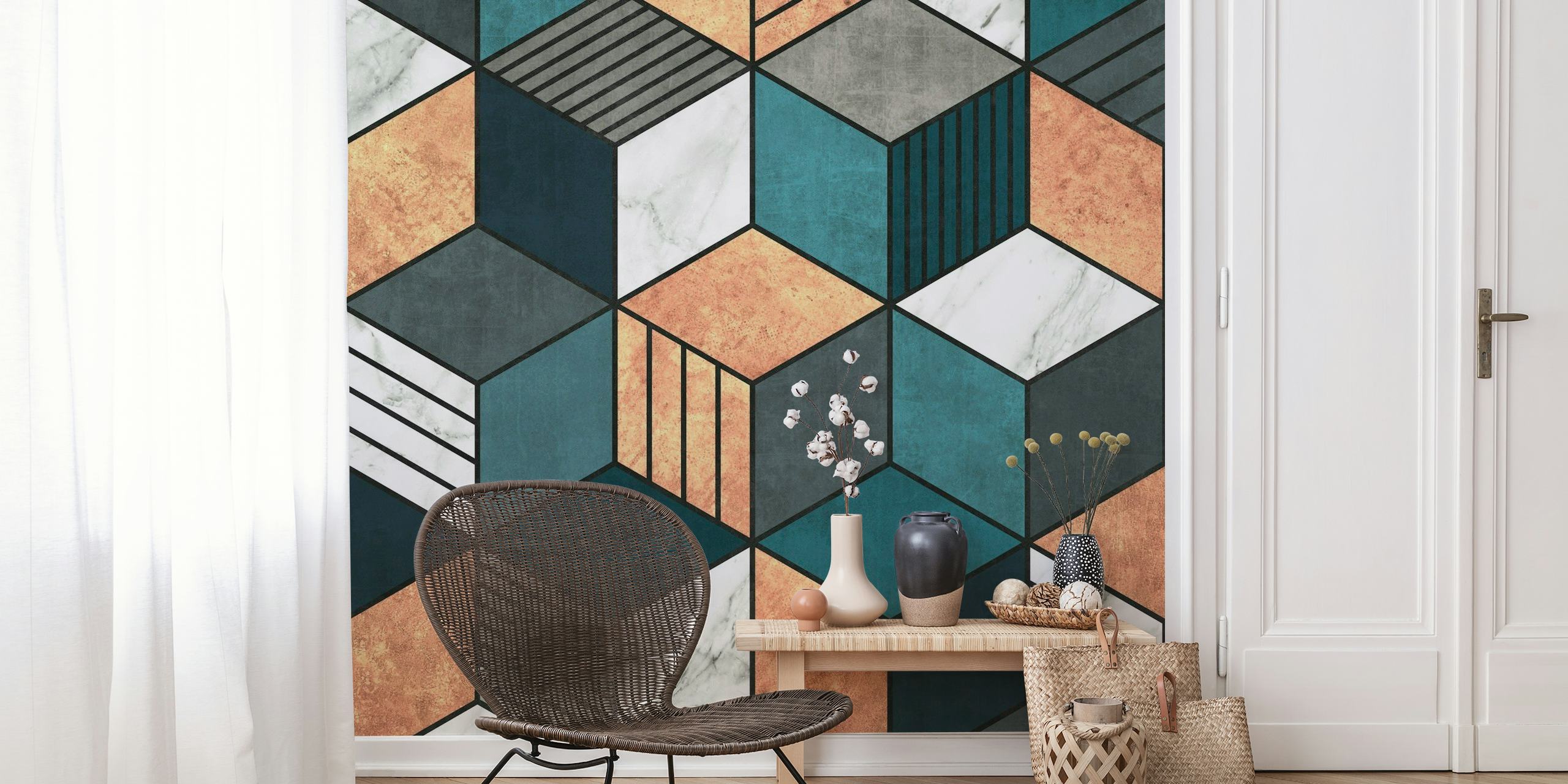 Copper Marble Cubes w Blue 2 wall mural depicting geometric cubes with marble textures and copper and blue colors.